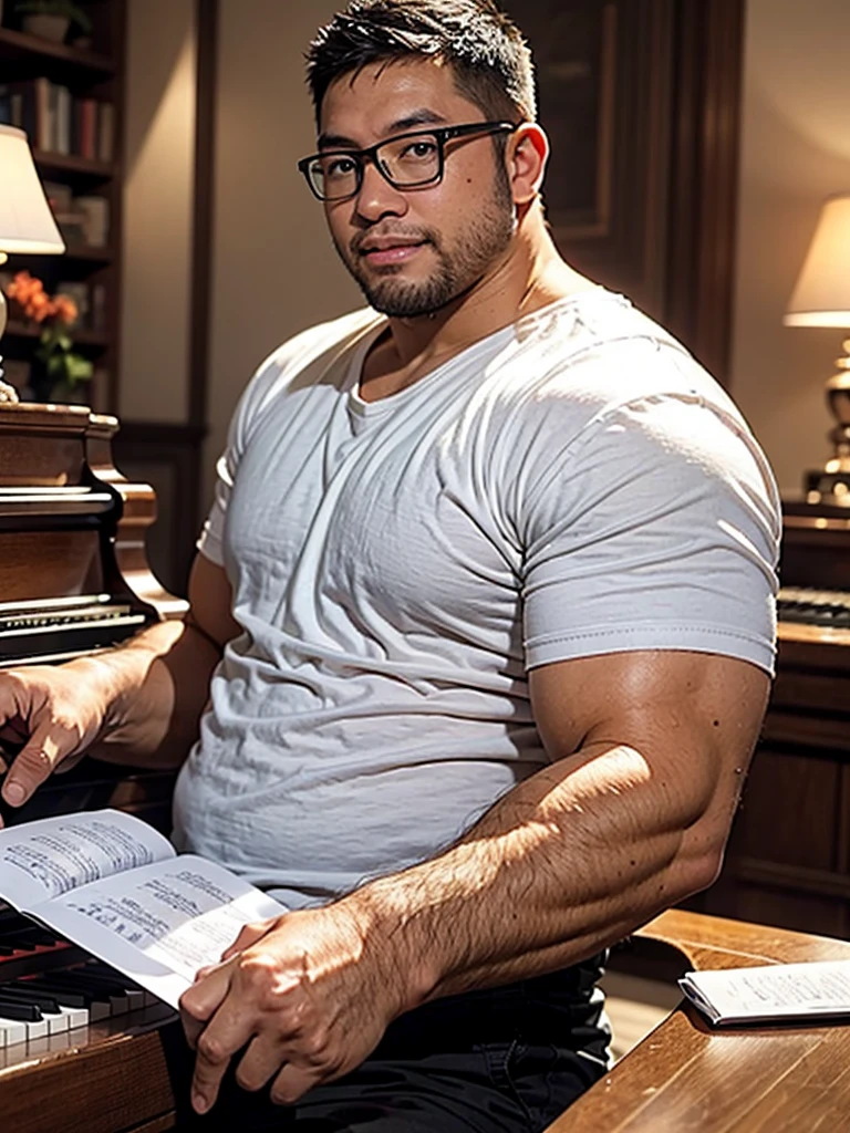 crew cut, (((full body))), (((landscape))), mature man, [slightly fat], asian man, rounded face, brown eyes, ((rounded face)), glasses, balding, 1boy, Solo, (big shoulders), musculature, (((stubbles, Short beard))), playing piano, in a living room,