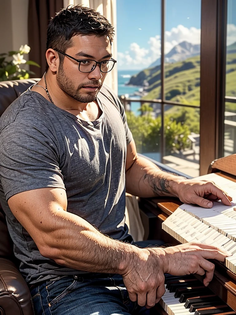 crew cut, (((full body))), (((landscape))), mature man, [slightly fat], asian man, rounded face, brown eyes, ((rounded face)), glasses, balding, 1boy, Solo, (big shoulders), musculature, (((stubbles, Short beard))), playing piano, in a living room,