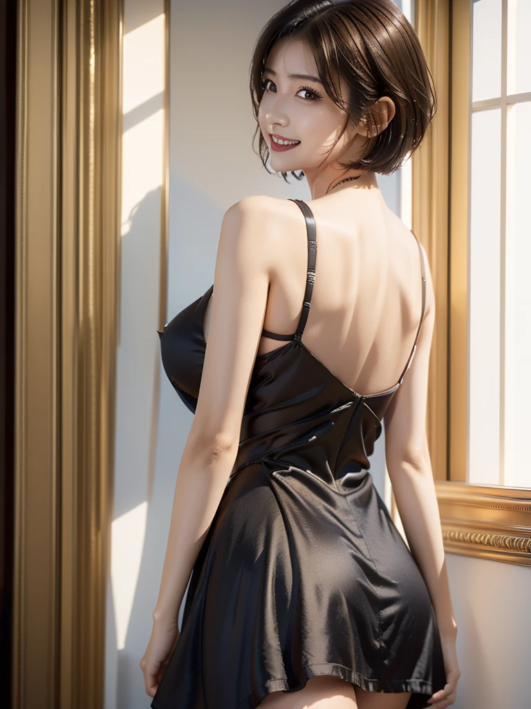 best quality, masterpiece, ultra high res, (photorealistic:1.4), RAW photo , (1 girl:1.3), a girl, solo,  (short hair, brown hair:1.3),  light smile, large breast, side boob, Satin Backless  Dress, ( black dress:1.2), looking back