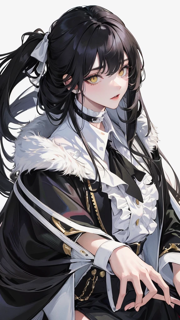(Top resolution、Distinct_image)top-quality、femele、masterpiece、highly detailed、Semi-realistic、 yellow eyes、18year old、young、Exquisite facial features、Facial features、unique hairstyle, variations, potrait, white background, black hair , long straight hairstyles , cold wear black luxury miniskirt, millionaire, boss, rich , mafia