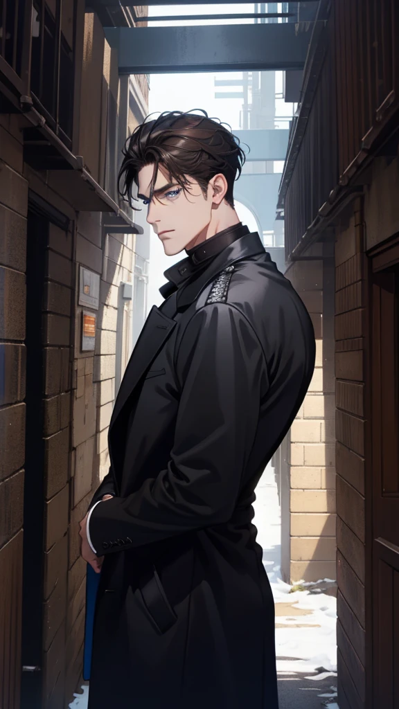 A men in black coat, blue eyes, black and brown hairs, handsome men, dark photo, work of art, side angle