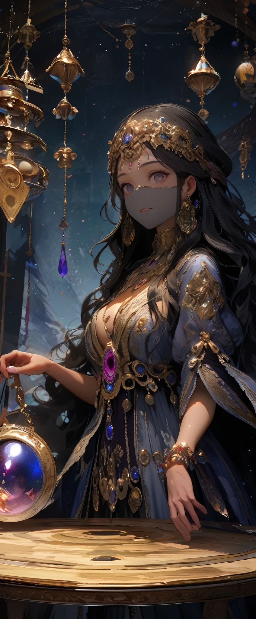 quality\(8k,wallpaper of extremely detailed CG unit, masterpiece,hight resolution,top-quality,top-quality real texture skin,hyper realisitic,increase the resolution,RAW photos,best qualtiy,highly detailed,the wallpaper,cinematic lighting,ray trace,golden ratio\), BREAK ,solo,1girl\(Astrologer,Arabic,(face veil:1.7),dark skin, shiny skin, cleavage, wearing head_scarf\(shawl\),wearing bedlah\(belly_dance dress\), crystal jewelry, smiling mouth under face veil, black hair, long hair, wavy hair, bracelets, necklace, earrings,wearing makeup\(eyeshadow,lips\),long eyebrow,holding beautiful crystal ball), BREAK ,background\((very dark:1.4),fortune telling tool\((tarot_card:1.3), pendulum, pendulum board, astrolabe\) on the table, dark sky\(many shiny stars\((constellation:1.4)\)\)\),(long shot:1.8),(wide shot:1.8),