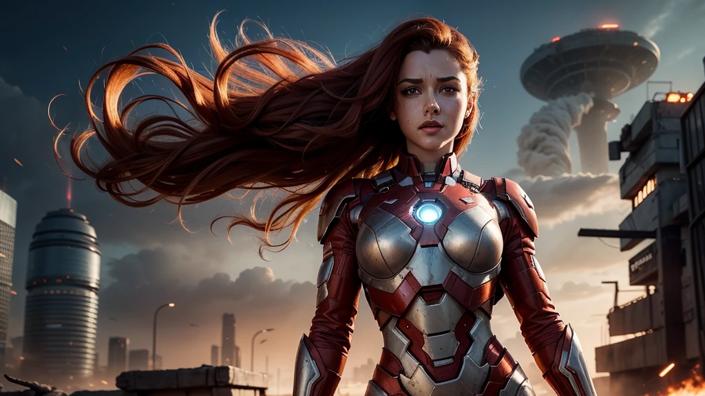 8k, high definition, high resolution wallpaper, front foreshortened composition, of a 25 year old girl, very pretty, goddess of beauty, golden proportions, heroine appearance, dressed in a cyberpunk inspired outfit and mixed with the outfit mythical Iron Man Mark VII and the manga Evangelion, in white and gray colors. Her expression is determined. Dirty with mud from the battle, scratches and bumps on the combat suit, Cyber Girl, High technology, giant chest, huge and well-proportioned chest, well-defined chest, normal hips, narrow waist, good ass, big and round ass. Physically fit girl, beautiful and well-detailed face, well-detailed gray eyes, mouth with thick red lips, she has very long, curly and tousled orange-red hair that falls in messy curls over her enormous chest. freckles on her face. beautiful and freckled girl. With a face dirty with mud she finds herself in a scene of destruction of a futuristic Martian city in ruins. Dynamic combat stance, on guard. Epic combat scene. Post apocalyptic. red skyes,The light that predominates in the scene is reddish and heavy.
