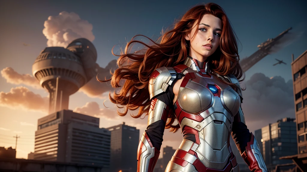 8k, high definition, high resolution wallpaper, front foreshortened composition, of a 25 year old girl, very pretty, goddess of beauty, golden proportions, heroine appearance, dressed in a cyberpunk inspired outfit and mixed with the outfit mythical Iron Man Mark VII and the manga Evangelion, in white and gray colors. Her expression is determined. Dirty with mud from the battle, scratches and bumps on the combat suit, Cyber Girl, High technology, giant chest, huge and well-proportioned chest, well-defined chest, normal hips, narrow waist, good ass, big and round ass. Physically fit girl, beautiful and well-detailed face, well-detailed gray eyes, mouth with thick red lips, she has very long, curly and tousled orange-red hair that falls in messy curls over her enormous chest. freckles on her face. beautiful and freckled girl. With a face dirty with mud she finds herself in a scene of destruction of a futuristic Martian city in ruins. Dynamic combat stance, on guard. Epic combat scene. Post apocalyptic. red skyes,The light that predominates in the scene is reddish and heavy.