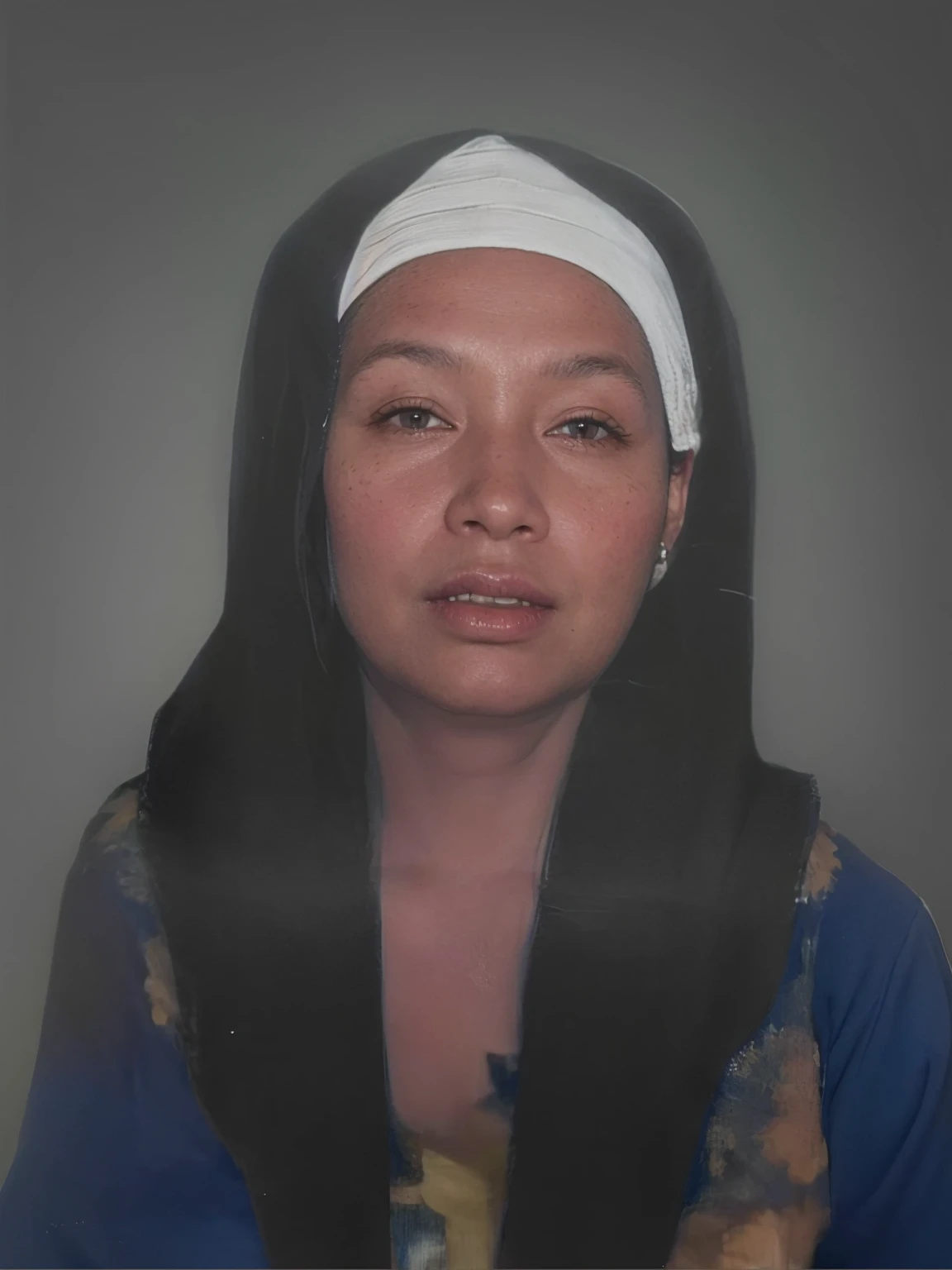Make this photo look realistic and detailed, there is a woman with a white head scarf and a blue shirt, photo of a woman,50-year-old woman from indonesia, woman portrait, full face portrait, realistic restored face, photographic portrait, photo of a black woman, portait image, portrait of a 50 years old women, portrait of woman's face, very detailed potrait, realistic portrait photo, close up potrait, profile portrait, very detailed face, very realistic face, very perfected face, very detailed clothes, very realistic clothes, very perfected clothes