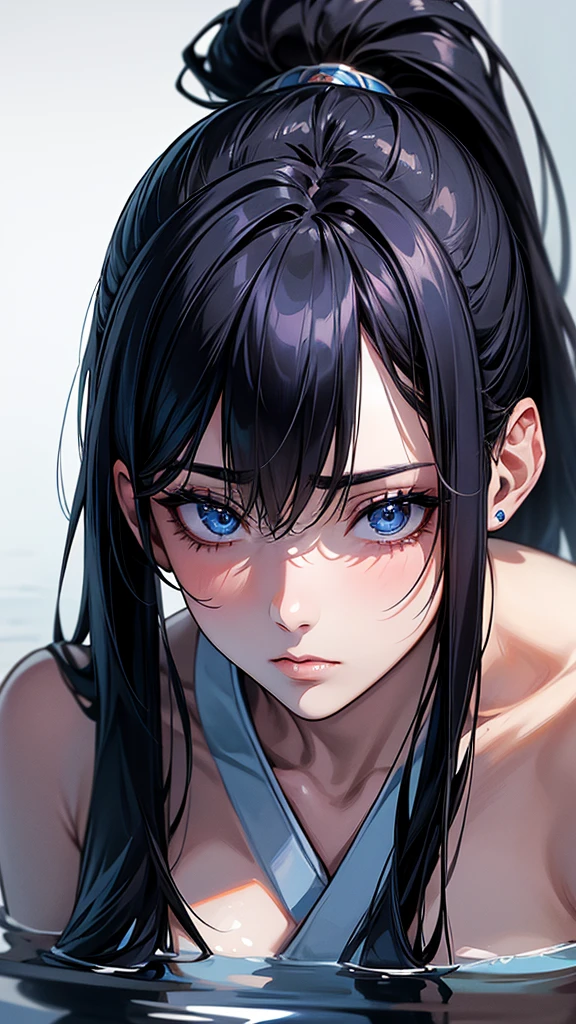 Highest quality, Ultra-high resolution, (Realistic: 1.4), Beautiful eyes, Super beautiful, Beautiful beauty, One person、Warrior, Japanese style dark blue tones、water and ice、whole body、(Black Hair、ponytail),Beautiful soldier, Eyes that beckon, Droopy eyeistress&#39;s point of view, Attractive look, Fearless smile,  (Perfect Anatomy, Anatomically correct, Highly detailed skin), Have a weapon