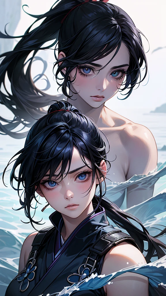 Highest quality, Ultra-high resolution, (Realistic: 1.4), Beautiful eyes, Super beautiful, Beautiful beauty, One person、Warrior, Japanese style dark blue tones、water and ice、whole body、(Black Hair、ponytail),Beautiful soldier, Eyes that beckon, Droopy eyeistress&#39;s point of view, Attractive look, Fearless smile,  (Perfect Anatomy, Anatomically correct, Highly detailed skin), Have a weapon