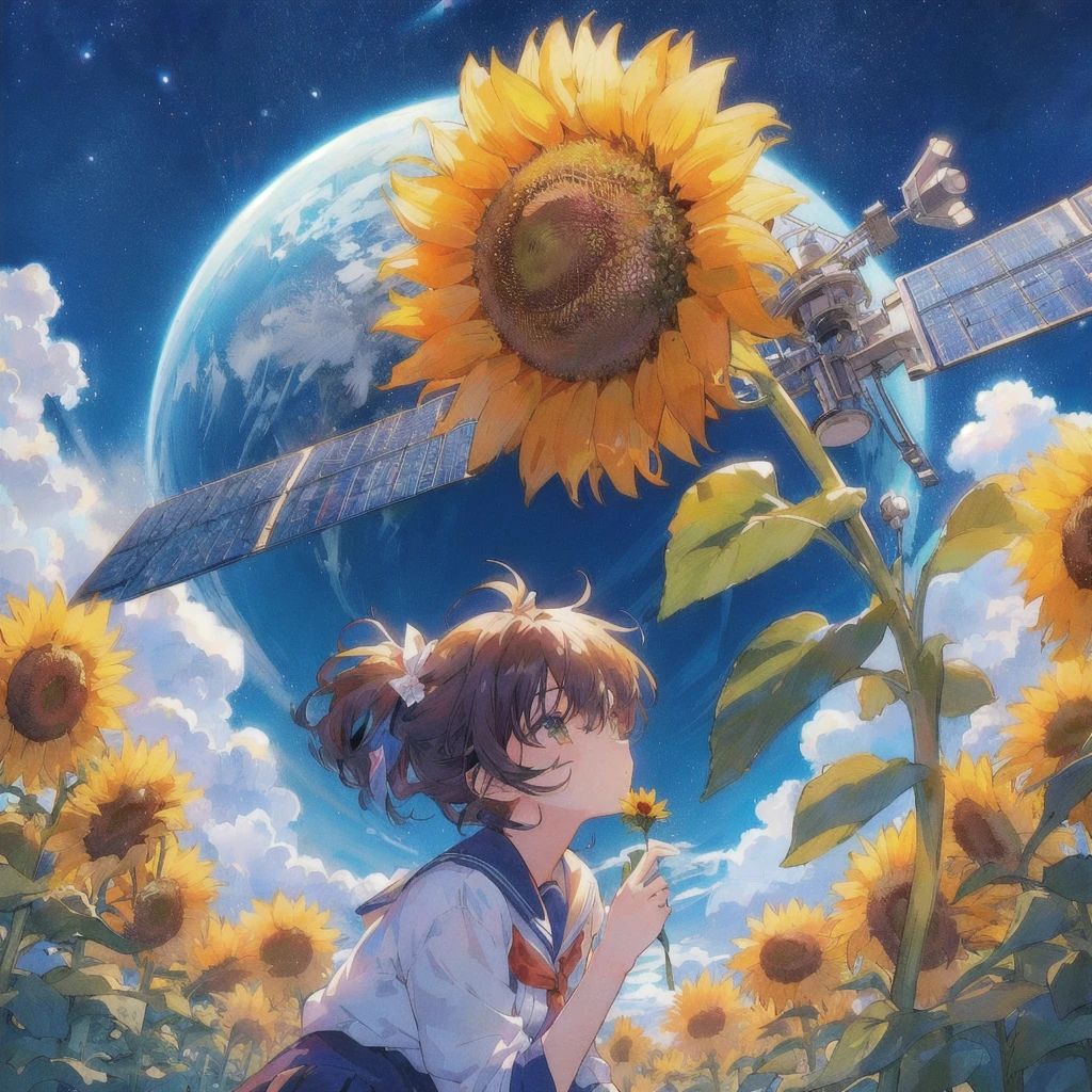 Anime girl admiring sunflowers in a field with the sky in the background,Holding flowers,Artificial satellite and earth in the sky, 80s anime style,anime art wallpaper 4k, anime art wallpaper 4k, Anime Art Wallpapers 8K, Makoto Shinkai Cyril Rolland, anime wallpaper 4k, anime wallpaper 4k, 4K Manga Wallpapers, Anime Background, Anime Aesthetics, Anime atmosphere, Anime Style 4k