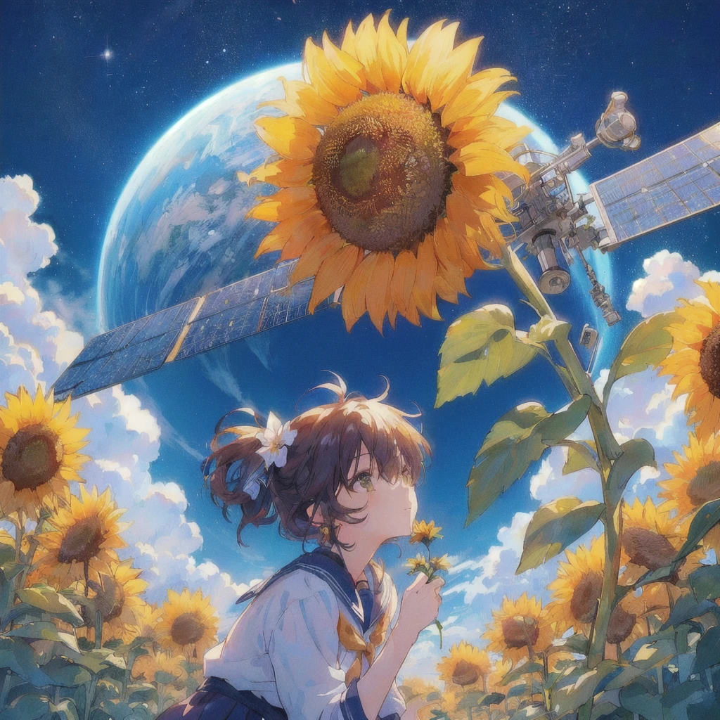 Anime girl admiring sunflowers in a field with the sky in the background,Holding flowers,Artificial satellite and earth in the sky, 80s anime style,anime art wallpaper 4k, anime art wallpaper 4k, Anime Art Wallpapers 8K, Makoto Shinkai Cyril Rolland, anime wallpaper 4k, anime wallpaper 4k, 4K Manga Wallpapers, Anime Background, Anime Aesthetics, Anime atmosphere, Anime Style 4k