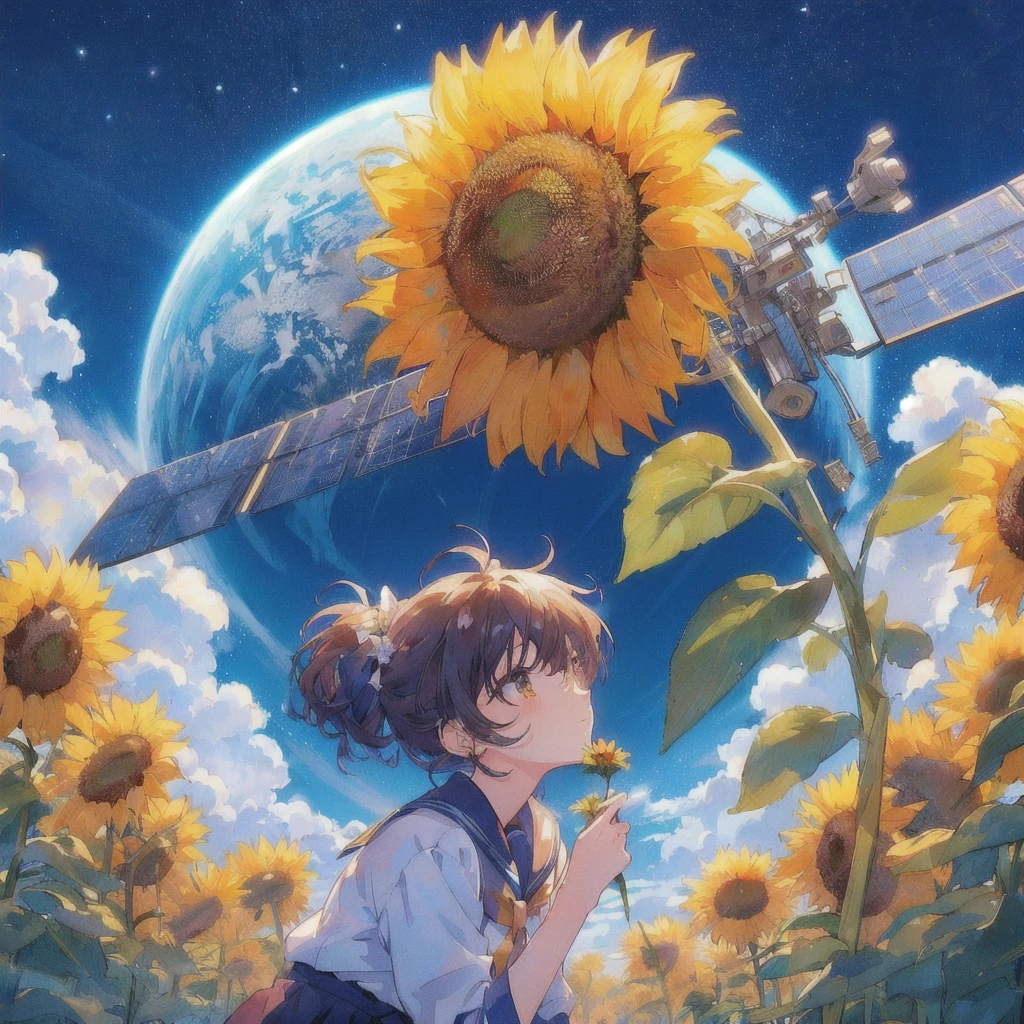 Anime girl admiring sunflowers in a field with the sky in the background,Holding flowers,Artificial satellite and earth in the sky, 80s anime style,anime art wallpaper 4k, anime art wallpaper 4k, Anime Art Wallpapers 8K, Makoto Shinkai Cyril Rolland, anime wallpaper 4k, anime wallpaper 4k, 4K Manga Wallpapers, Anime Background, Anime Aesthetics, Anime atmosphere, Anime Style 4k