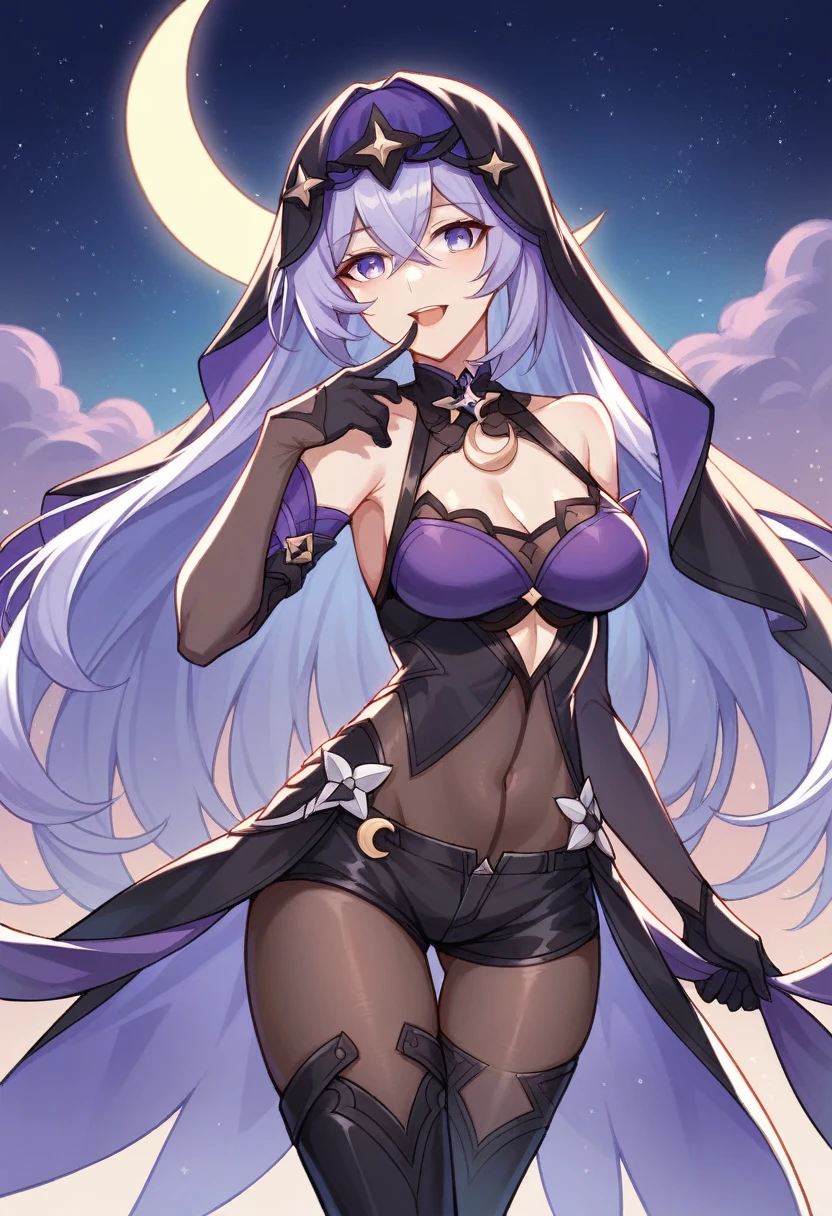 1girl, black swan \(honkai: star rail\), solo, black gloves, veil, thigh boots, detached sleeves, purple halter dress, (pantyhose), short shorts, detached collar, cowboy shot, looking at viewer, finger to mouth, looking at viewer,  ecstasy, gasping, smile, open mouth, standing,  crescent moon, nebula, starry sky