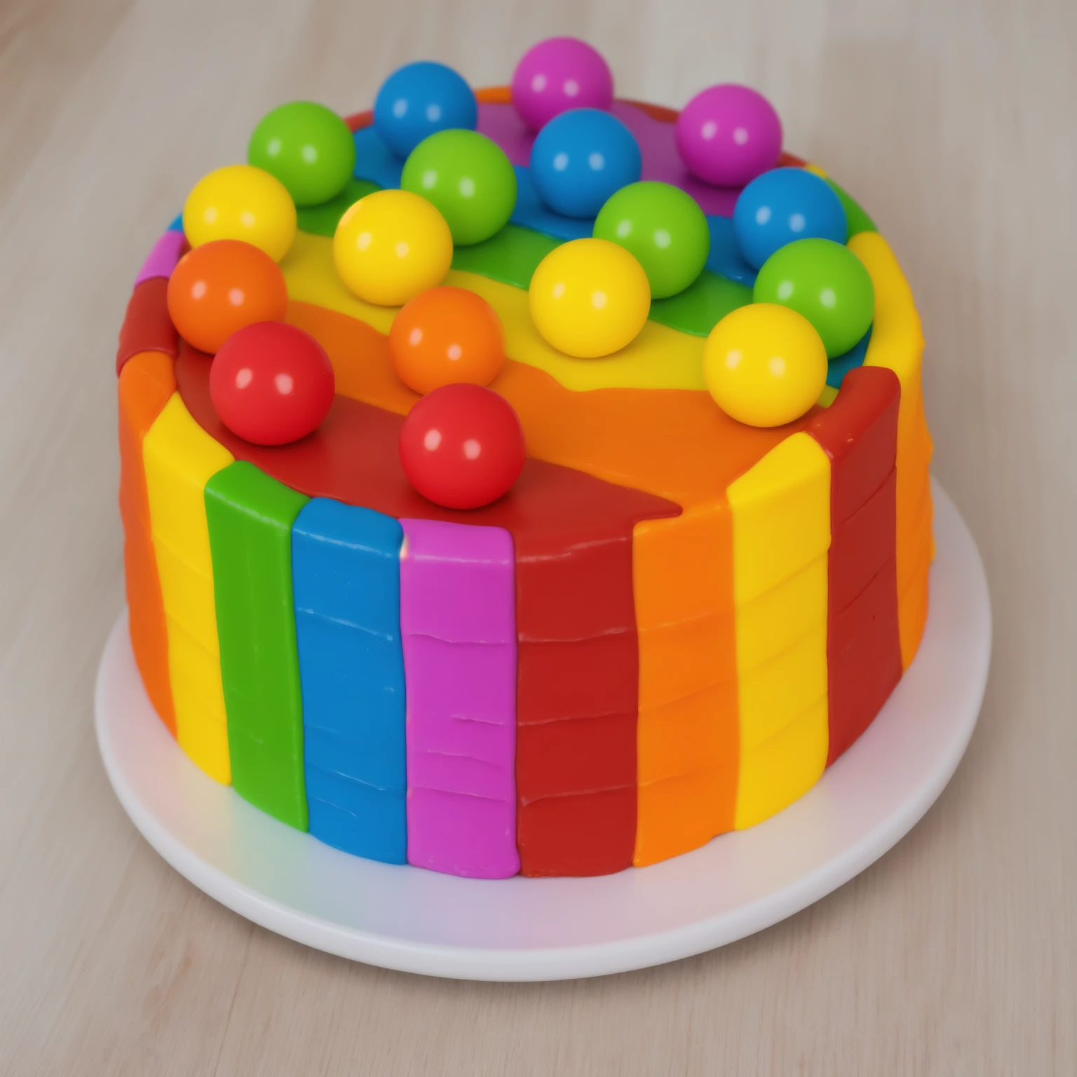 on a wooden table, cake on a white plate. rainbow chocolate bar cake, rainbow ganage on top, rainbow spheres made of polymer clay, Realistic style, realistic texture, detailed texture, bright lighting, Beautiful light from the window, high quality, A high resolution, macro photography, ultra hd 4k, Beautiful sunlight