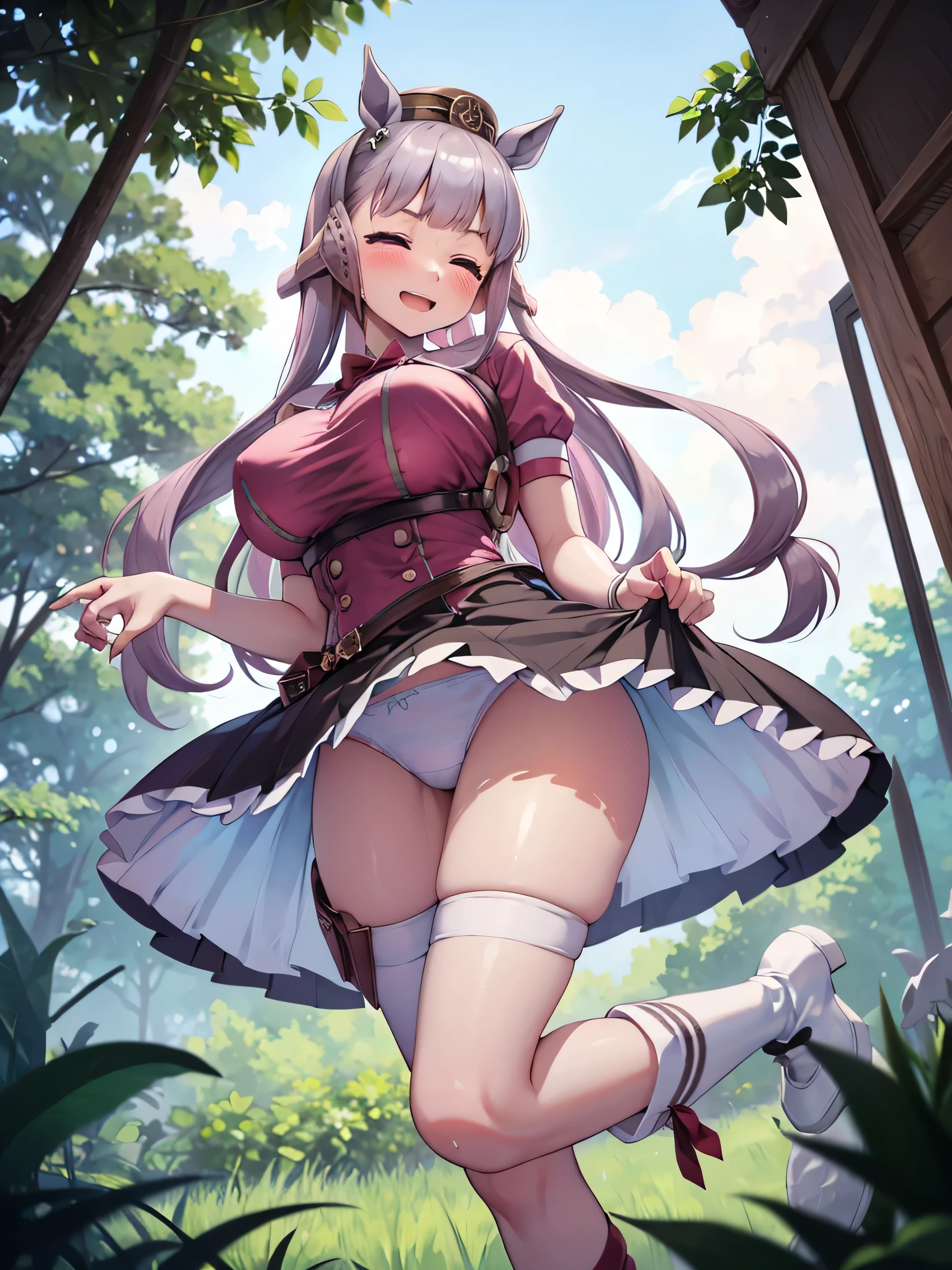 (masterpiece, Highest quality:1.2), alone, One girl, 幼いchildのゴールドシップ, pillbox hat,White Lolita,Gothic Lolita、With ruffles、Puffy short sleeves、dress、Knee-high socks、Horse tail,、grassland、Nature、blush、(Huge breasts:1.4)、Transparent clothes、Clothes are see-through、、ergarteners、、6 yearさな体、From below、Look to the side、Clothes get wet、Nipples are visible、Close your eyes and laugh、smile、Stand up with your legs spread、Flashy underwear、is see-through、Big Ass、Raise one leg、Skirt lift、Dripping a lot of thick white love juice