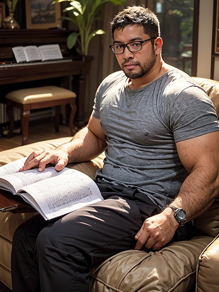 there are two attractive tall athletic beefy muscular 50 year-old men wearing pajamas sitting on a couch at late at night reading a book, romantic gay couple, hairy(stocky), horny, homoerotic