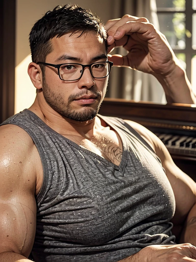 crew cut, (((full body))), (((landscape))), mature man, [slightly fat], asian man, rounded face, brown eyes, ((rounded face)), glasses, balding, 1boy, Solo, (big shoulders), musculature, (((stubbles, Short beard))), playing piano, in a living room,