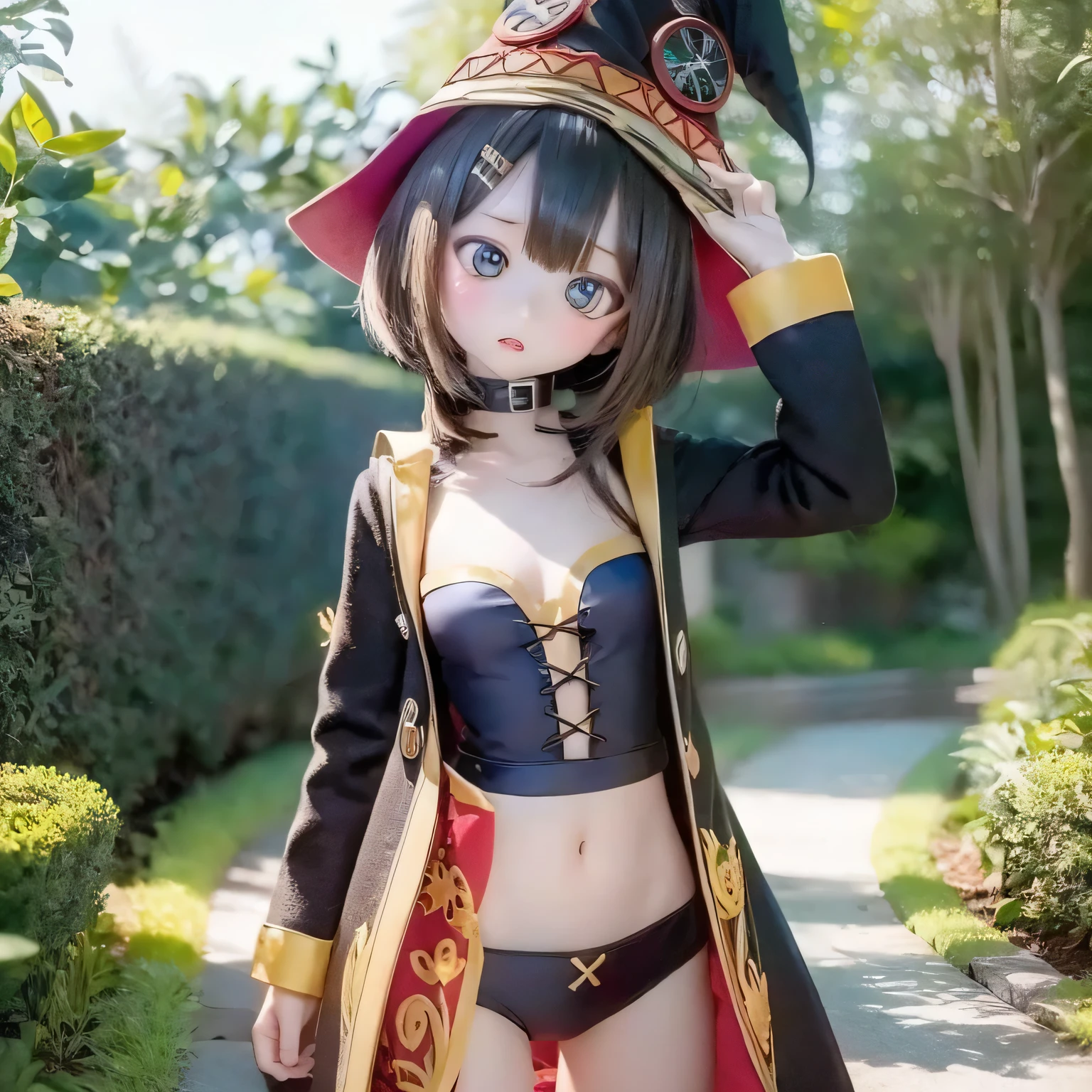 Chibi contrapposto pose girl wearing big hat, Flat Chest, And then Megumin appears. -> Eyes Beautiful and elegant eyes,nose,Lips Beautiful lips details,theme's cute smile,Chibi Contrap Place,Megumin character variations,People wearing large hats or bonnets,Flat Chested,Bust Detail Naked Camel Toe Medium: Photorealistic portraits, ->Material Photorealistic Portrait Additional Details: She is surrounded by vibrant gardens, ->花园a blooming flower garden with various Vibrant colors,green々Fresh green grass,Finely knotted wood々The sunlight shines in,Morning atmosphere,Several bees flying around,The quality of distant bird calls: (Highest quality,4K,8K,High resolution,masterpiece:1.2),Very detailed, ->Image quality: High resolution(Multiple options)
Art Style: アニメ, ->Art Style アニメ-style Color Palette: (Vibrant colors), ->Vibrant color palette lighting: Soft sunlight casts a warm glow on the scene, ->Light, Soft and warm sunlight,Soft sunlight、Black Hair、point(((((((Shoot the magic)))))))