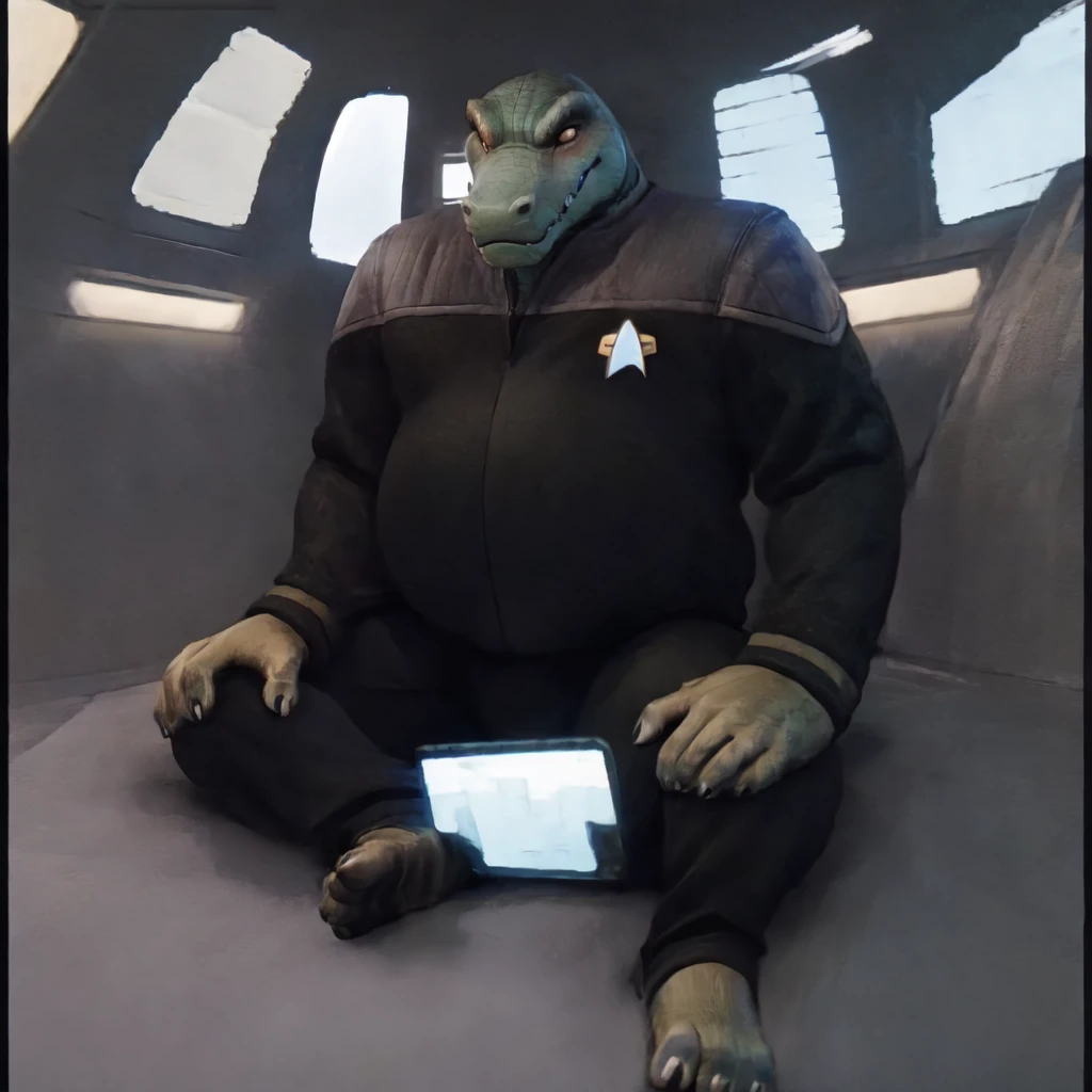 (((Barefoot scaley character, full body, cinematic setting, furry male, plantigrade))) 
Doctor (((kingkrool))), crocodile, green skin, reptile, gold bracelets, scales, bloodshot eye, fat, obese,
exudes confidence and authority, wears star trek DS9 doctor teal uniform, ((ds9st, black and grey star trek uniform, grey shoulders, teal neck, black jumpsuit, black pants)) dynamic pose, holding medical tricorder,
((starship interior with many screens and consoles)), futuristic look, metalic, bright colors
BREAK, intricate details, highly detailed, extreme detail, octane render, fine art, best quality, highres, (detailed face:1.5), ((full_body)), UHD, (((perfect hands))), ((low light:1.5))