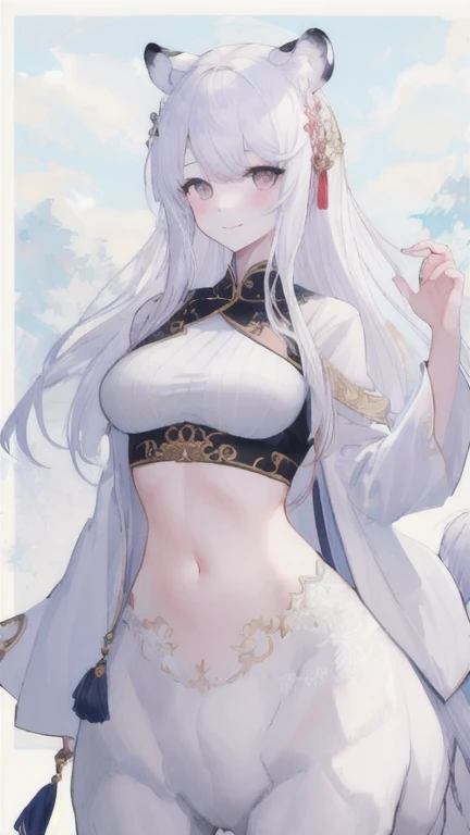(best quality, masterpiece), 1 girl, centaur, It takes, White skin, Korean , black pink,Smiling, exposing the abdomen,  , 아름다운 소녀 perfect white tiger photo, perfect white tiger photo