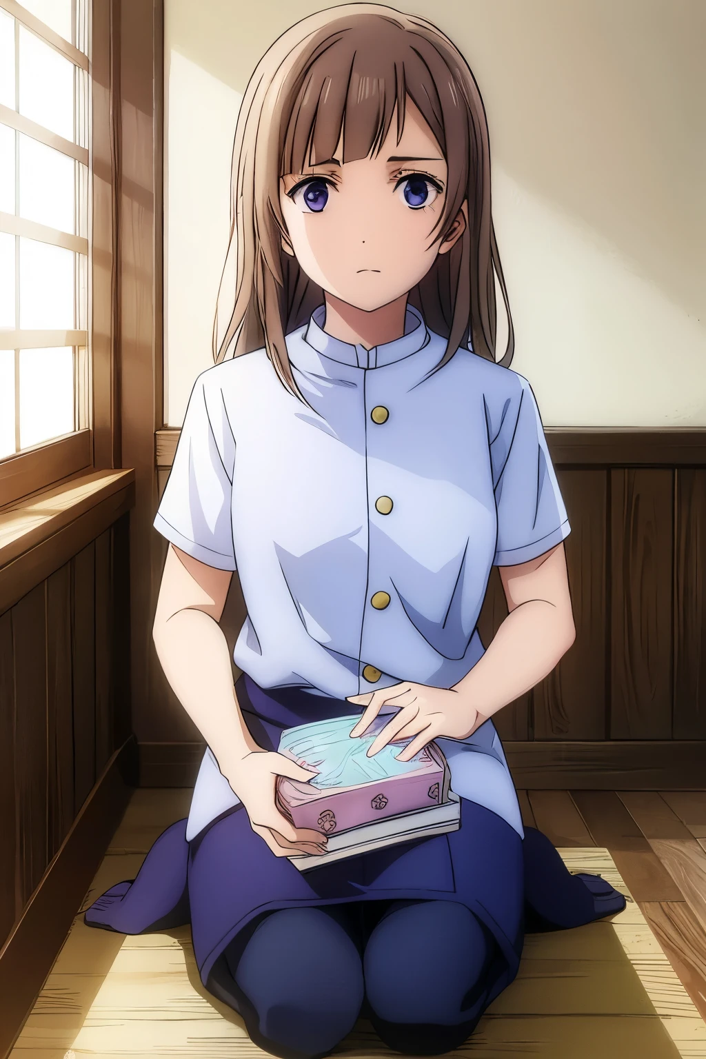 Brown hair, lilac eyes, jujutsu blue uniform