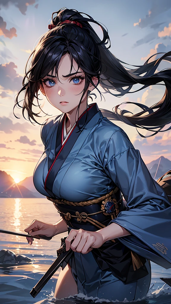 {Highest quality}{One woman, 25 years old}{Swordsman}{Black Hair、Long Hair}{Cross bangs}{Big Breasts}{Grey Eyes、Hanging eyes、Details}{Blue kimono}{stand}{Holding a sword}Hanging eyes, Half-closed eyes, whole body{Swinging the Sword}