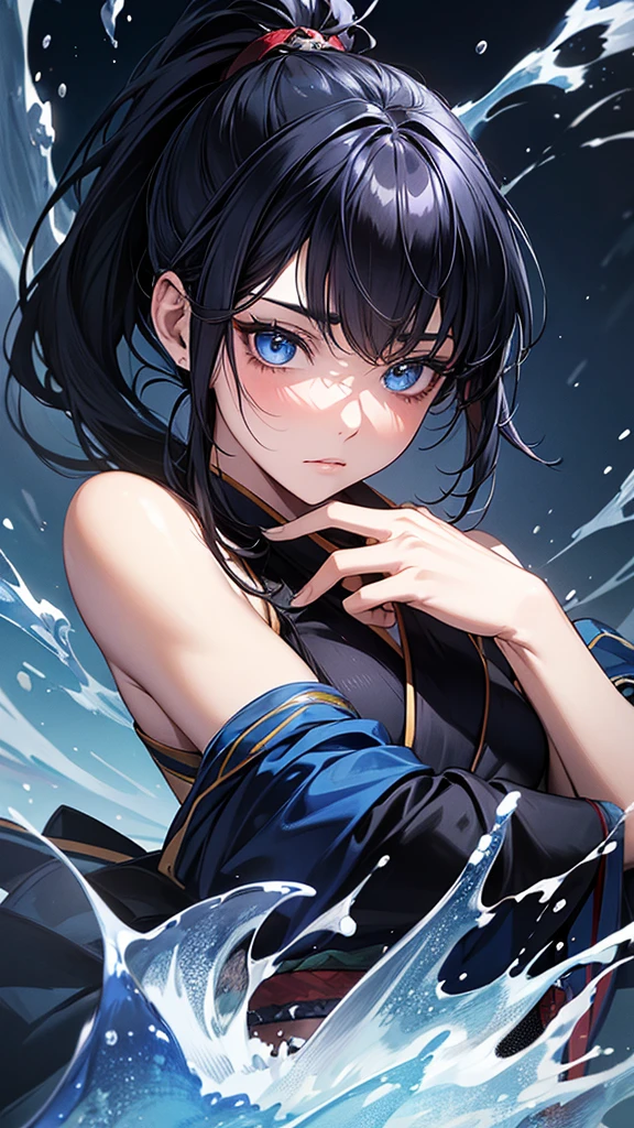 Highest quality, Ultra-high resolution, (Realistic: 1.4), Beautiful eyes, Super beautiful, Beautiful beauty, One person、Warrior, Japanese style dark blue tones、Have a weapon、Controls water and ice、whole body、(Black Hair、ponytail),Beautiful soldier, Eyes that beckon, Droopy eyeistress&#39;s point of view, Attractive look, Fearless smile,  (Perfect Anatomy, Anatomically correct, Highly detailed skin), 