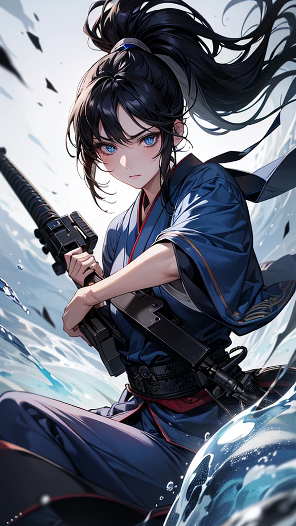 Highest quality, Ultra-high resolution, (Realistic: 1.4), Beautiful eyes, Super beautiful, Beautiful beauty, One person、Warrior, Japanese style dark blue tones、Have a weapon、Controls water and ice、whole body、(Black Hair、ponytail),Beautiful soldier, Eyes that beckon, Droopy eyeistress's point of view, Attractive look, Fearless smile, (Perfect Anatomy, Anatomically correct, Highly detailed skin),