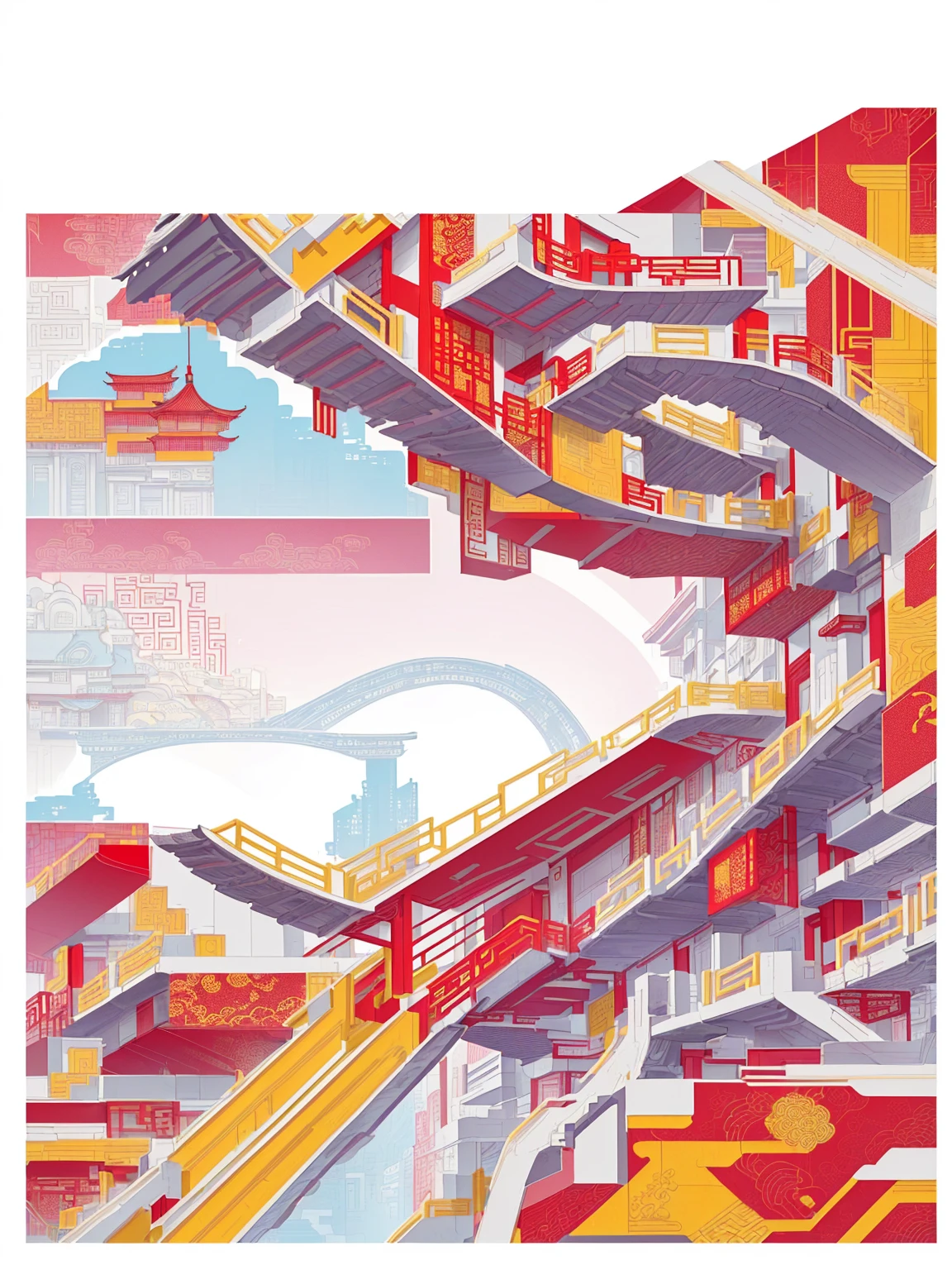 
90/5000
Vector illustration, an architecture of various cities in China, with red and yellow as the main colors, first-tier cities, patterns and lines inspired by Chinese architecture, graphic design poster art, bold lines, smooth lines, classic patterns and themes, hand-drawn illustrations, detailed architectural design,