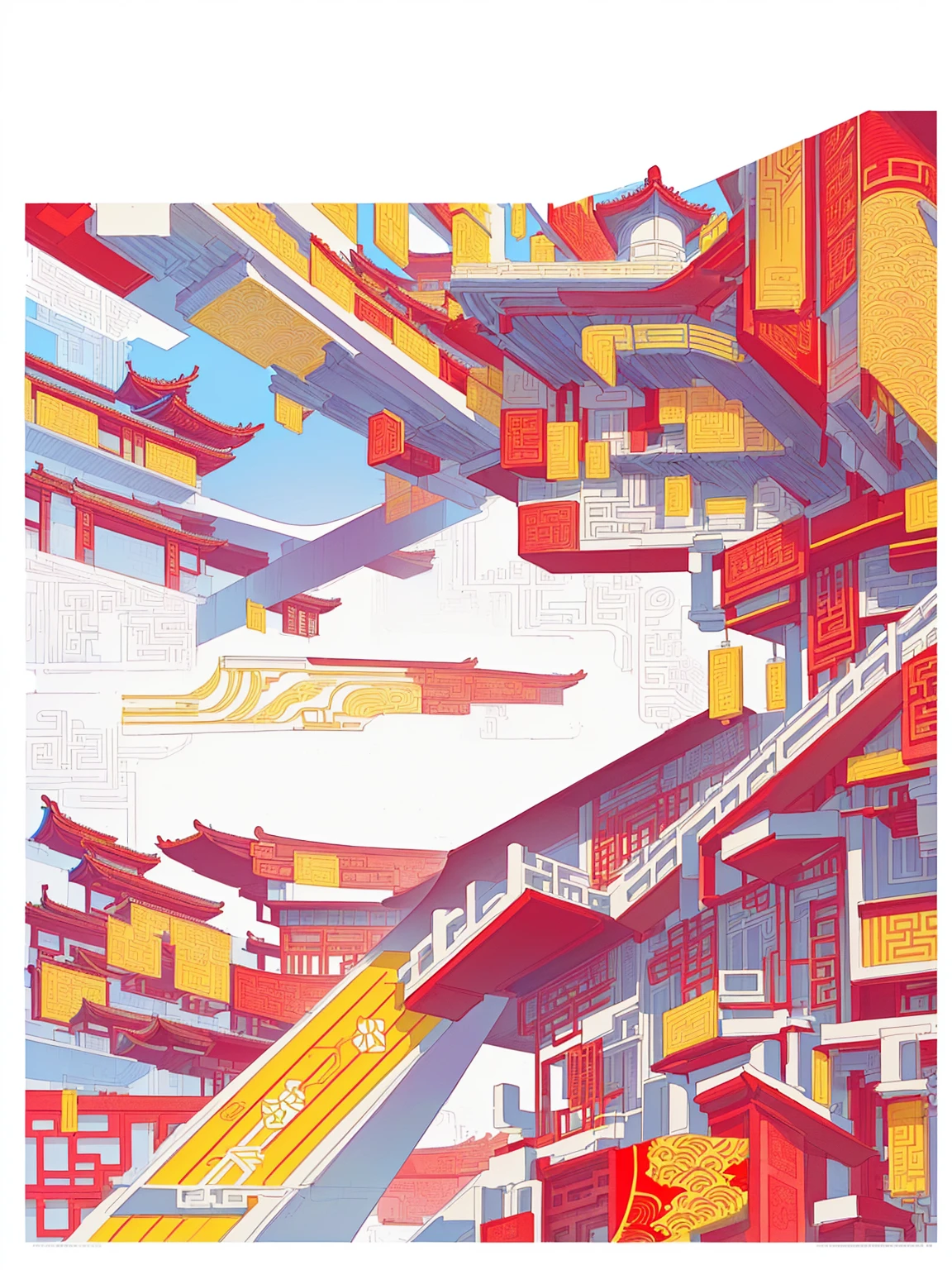 90/5000
Vector illustration, an architecture of various cities in China, with red and yellow as the main colors, first-tier cities, patterns and lines inspired by Chinese architecture, graphic design poster art, bold lines, smooth lines, classic patterns and themes, hand-drawn illustrations, detailed architectural design,