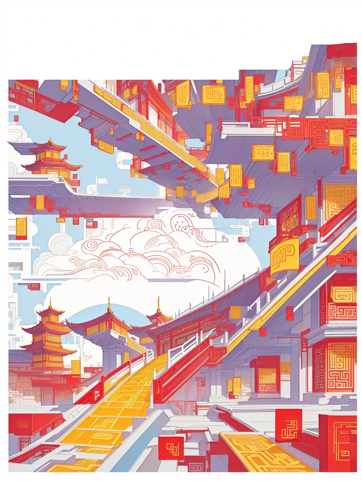 90/5000
Vector illustration, an architecture of various cities in China, with red and yellow as the main colors, first-tier cities, patterns and lines inspired by Chinese architecture, graphic design poster art, bold lines, smooth lines, classic patterns and themes, hand-drawn illustrations, detailed architectural design,