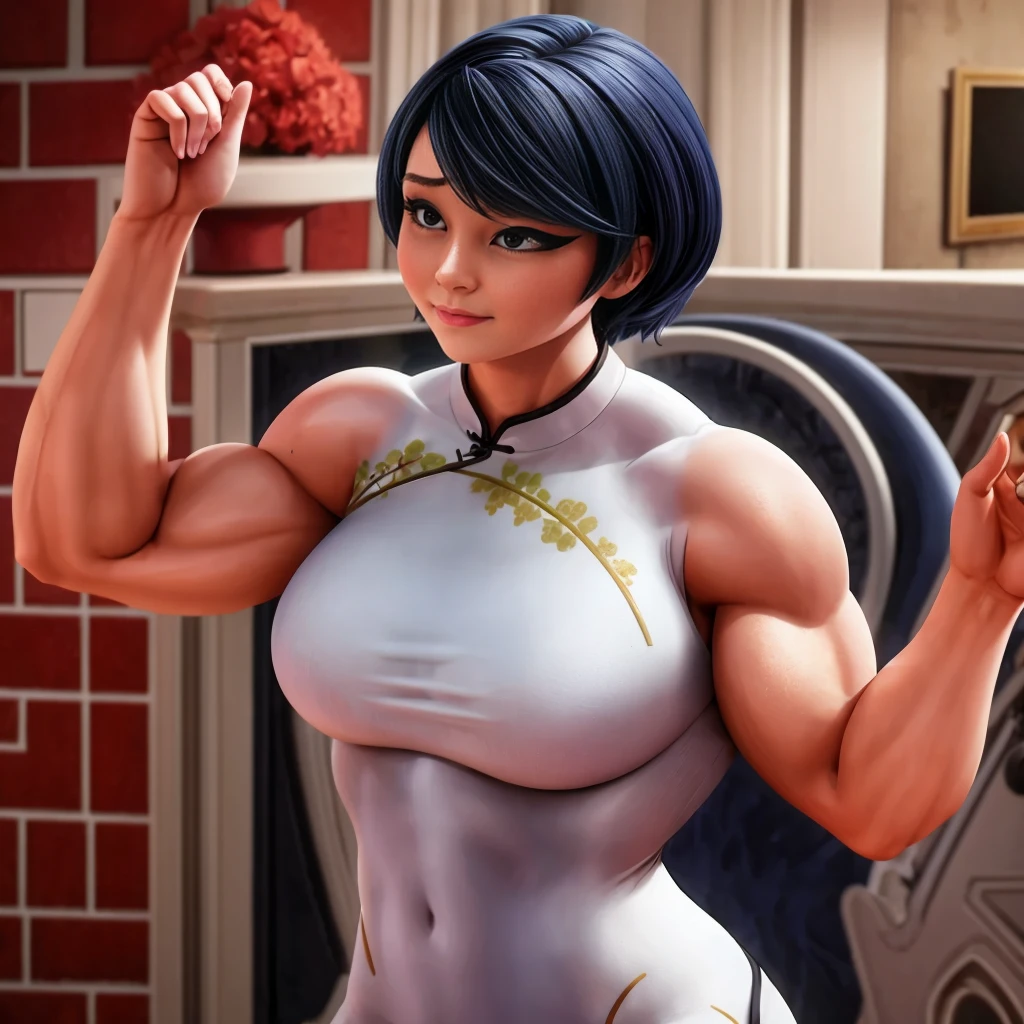 (masterpiece, best quality:1.2), 1girl, solo,dark blue hair,gray eyes, she wear's a white Cheongsam with a red, black and gold plant design, periwinkle pants and black and white dress shoes. She wears a silver band on her ring finger.muscular female bodybuilder, oil painting, strong and defined muscles, intense expression, confident pose, gym backdrop, sweat glistening on her skin, veins bulging, toned physique, powerful presence, professional lighting, vibrant colors, realism, extreme detail description, sharp focus, (best quality, 4k, highres, masterpiece:1.2), physically-based rendering, bodybuilding competition, intense workout, determination, dedication, muscular symmetry, fitness journey, weightlifting, athletics, ultra-fine painting, vibrant energy, bokeh, dynamic composition.