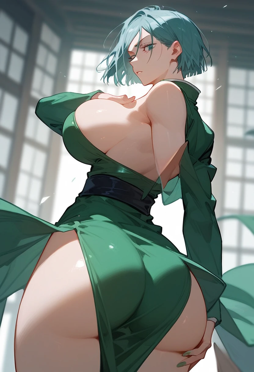 Nobara jujutsu kaisen with a tight white and green dress highlighting the curves of her body and with her hands on top of her chest ( big breast and ass)
