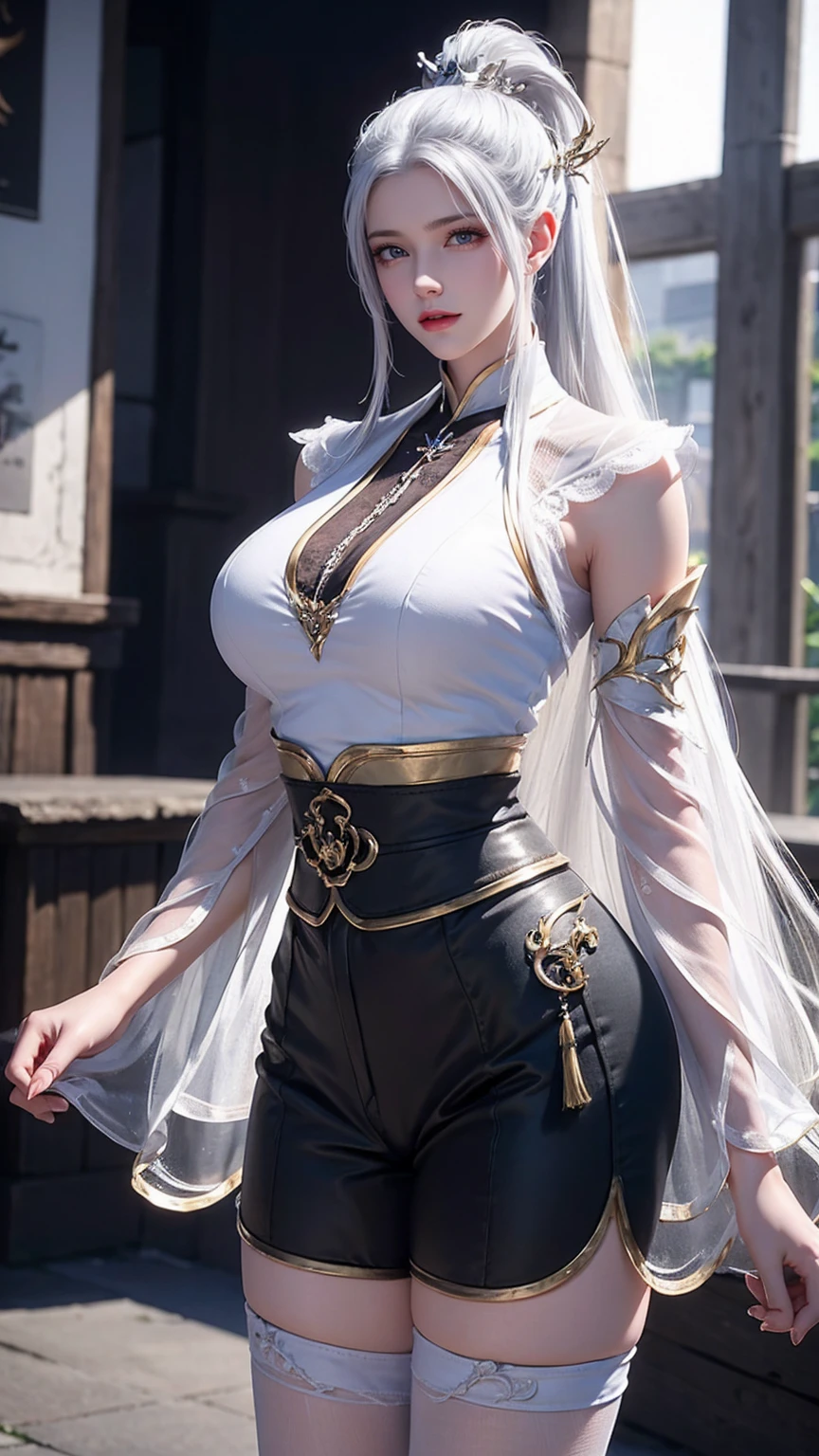 ,Close-up of miss wearing white mask, Beautiful character painting, guweiz, Gurwitz-style artwork, White-haired god, author:Yang Jie, Epic and beautiful character art, Stunning character art, author:Fan Qi, by Wuzhun Shifan, pixiv Art Street Guviz, Single ponytail, insult, High Ponytail, Tall and big, Long legs, (Sleeveless lace shirt), (shorts), (Striped )), ((Striped )), Walk, elegant, dignified, miss, Beautiful curves, sweet smile, Strong sense of detail and layering, color丰富绚丽, Has a unique texture, rich and colorful, color, vivid, design art, 16K, Ultra Detailed, {{illustration}}, {Extremely refined}, {Exquisite surface treatment}, Ultra Detailed, Delicate and shining eyes, {{Movie Lighting}}, Extreme lighting effects, Model: realism, CFG size: 12, Laura: Bright texture (1.35), high quality, masterpiece, Exquisite facial features, Delicate hair depiction, Detailed depiction of the eyes, masterpiece, best quality, Ray Tracing, Extremely detailed CG unified 8k wallpaper, masterpiece, best quality, (1 girl), 完美miss身材, (((tight white t shirt))), (Delicate face), Black short hair, Tie your hair up, light blue hairpin, (White skin), (Optimal lighting), (Super intricate details), 4k unity, (Ultra Detailed CG), Showing off her white legs, , Hot Pants, shorts,