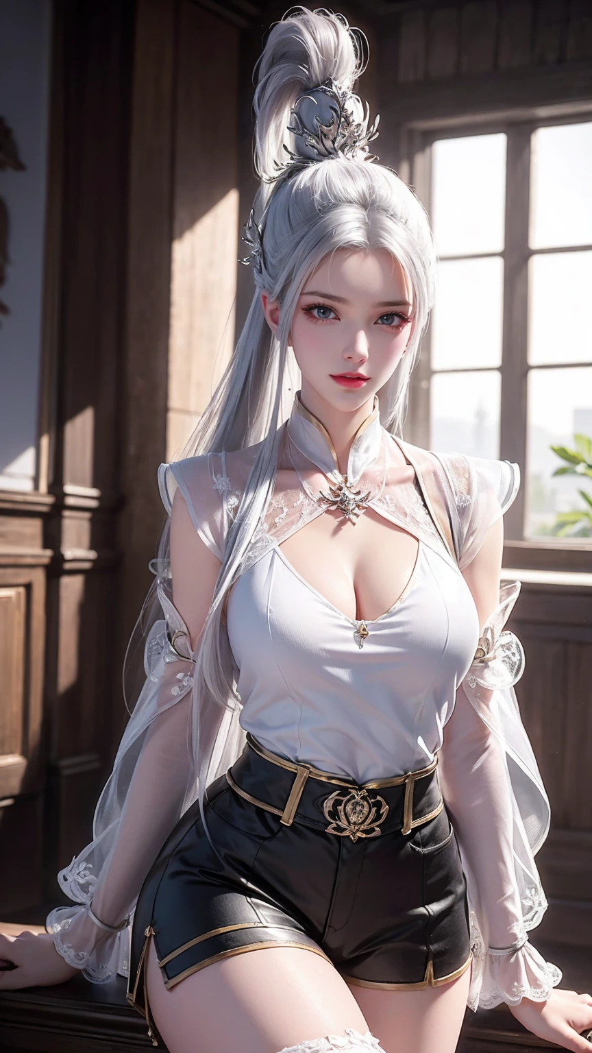 a white hair、Close-up of woman wearing white mask, Beautiful character painting, Guweiz, Gurwitz-style artwork, White-haired god, author：Yang Jie, Epic and beautiful character art, Stunning character art, author：Fan Qi, by Wuzhun Shifan, pixiv art street guweiz, Single ponytail, insult, High Ponytail, tall and big, Long legs, (Sleeveless lace shirt), (shorts), (Striped )), ((Striped )), Walk, elegant, dignified, woman, Beautiful curves, sweet smile, Strong sense of detail and layering, Rich and colorful colour, Has a unique texture, Colorful, colour, vivid, design art, 16K, Ultra Detailed, {{illustration}}, {Extremely refined}, {Exquisite surface treatment}, Ultra Detailed, Delicate and shining eyes, {{Movie Lighting}}, Extreme lighting effects, model: Realism, CFG size: 12, Laura: Bright texture (1.35), high quality, masterpiece, Exquisite facial features, Delicate hair depiction, Detailed depiction of the eyes, masterpiece, best quality, Ray Tracing, Extremely detailed CG unified 8k wallpaper, masterpiece, best quality, (1 girl), Perfect woman figure, (((tight white t shirt))), beautiful eyes, (Delicate face), Black short hair, Tie your hair up, Light blue hairpin, Black Silk Frame Glasses, In class, (White skin), (Optimal lighting), (Super intricate details), 4k unity, (Ultra Detailed CG), Showing off her white legs, , Hot Pants, shorts,
