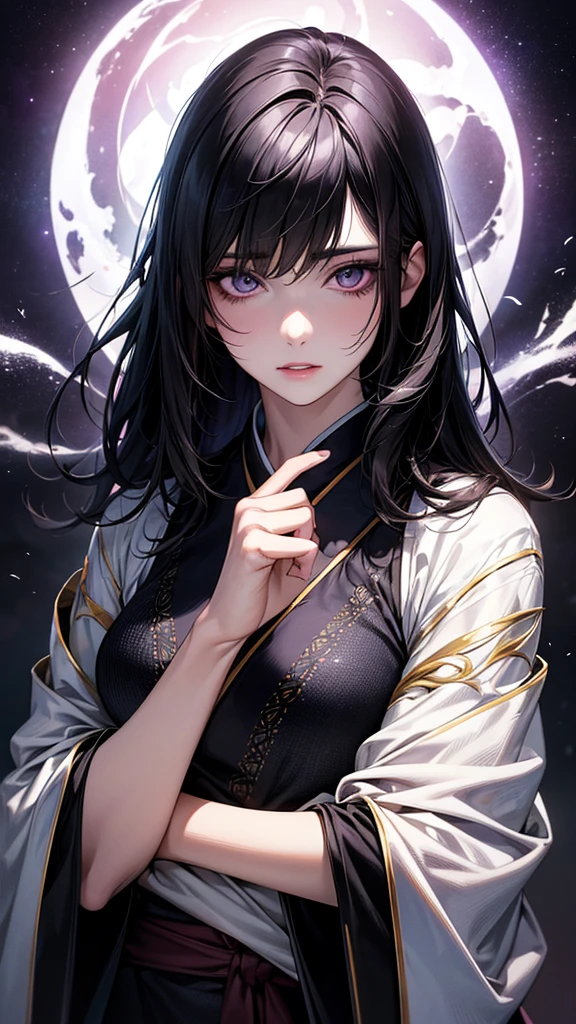 Highest quality, Ultra-high resolution, (Realistic: 1.4), Beautiful eyes, Super beautiful, Beautiful beauty, One person、Wizard, Japanese style black and purple tones、Manipulating the Darkness、whole body、(Black Hair、Medium Hair),Beautiful soldier, Eyes that beckon, Droopy eyeistress's point of view, Attractive look, Fearless smile, (Perfect Anatomy, Anatomically correct, Highly detailed skin), Dancing, snow