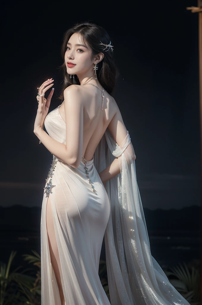 (((best quality))),(((ultra detailed))),(((masterpiece))),illustration,((A beautiful female astrologer,solo)),((slim,thin)),((bare back,towering hips,butt crack)),((shoulder length straight bob hair)),(laughing:1.2),(earrings,necklace),(sparkled sheer dress:1.3),standing beneath a magical summer night, stars twinkling in the velvety darkness,starry sky, sapphire eyes filled with wonder, flowing ethereal gown mimicking the stars, silver pendant shaped like a horoscope,serene smile and captivating gaze, celestial beauty and mystery, solace and inspiration in the vast expanse of the universe,((from back,upper body))