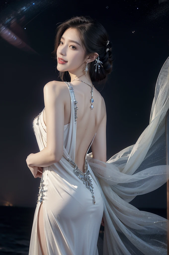 (((best quality))),(((ultra detailed))),(((masterpiece))),illustration,((A beautiful female astrologer,solo)),((slim,thin)),((bare back,towering hips,butt crack)),((shoulder length straight bob hair)),(laughing:1.2),(earrings,necklace),(sparkled sheer dress:1.3),standing beneath a magical summer night, stars twinkling in the velvety darkness,starry sky, sapphire eyes filled with wonder, flowing ethereal gown mimicking the stars, silver pendant shaped like a horoscope,serene smile and captivating gaze, celestial beauty and mystery, solace and inspiration in the vast expanse of the universe,((from back,upper body))