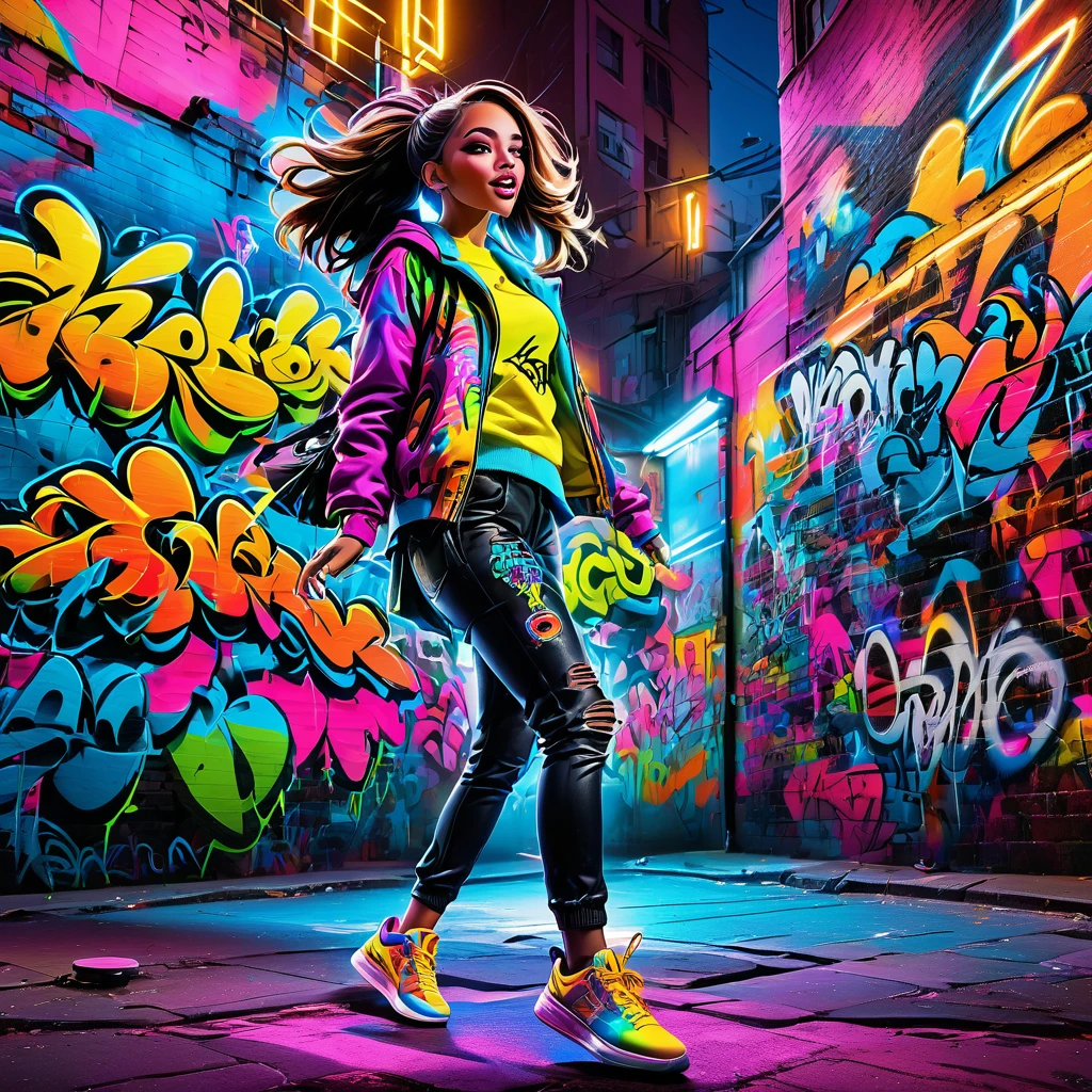 (high resolution:1.2),ultra detaild,realisitic,sharp focus,colorfully,walls covered in graffiti,street artistryist girl,vibrant clothing,singing passionately,energy performance,street artistry backdrop,urban atmosphere,busy street scene,agitation, expressive facial expressions, dynamic pose, original accessories, confident stage presence, fashion style that attracts attention, unique street style, City nightlife, illuminating neon lights, street fashion culture, youthful energy, crowd screaming, positive vibes, artistry, Stylish Sneakers, graffiti urban culture, paint-stained streets, urban talent showcase, bright coloured, attractive images, high energy performance, electric atmosphere, Musical Expression, Urban lifestyle