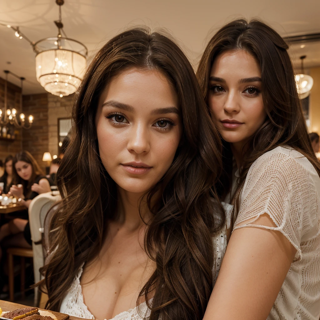 29 year old woman, long brown hair a little curly, Brown eyes, visage parfait, professional makeup like model, C et portant un sweet au restaurant