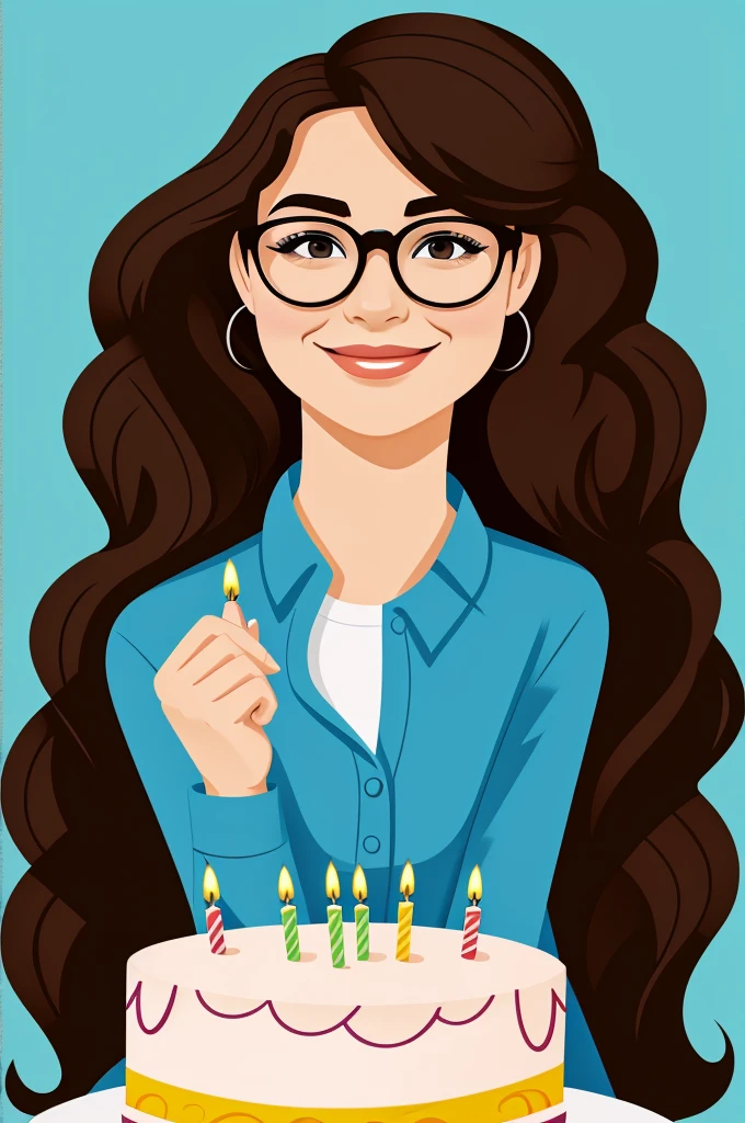 Cartoon of Young Woman with Glasses and Curly Dark Hair Celebrating Her Birthday