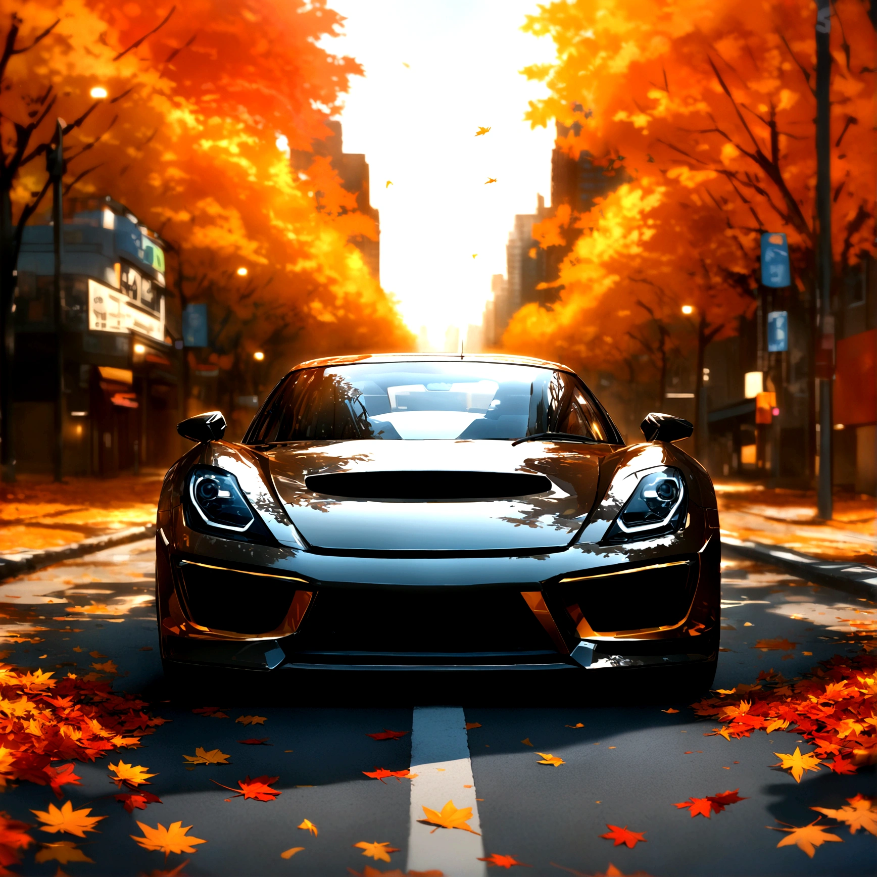 Skyline 32, Sports car parked on a street covered with fallen autumn leaves (City:1.3), fall, Global Illumination, Volumetric Lighting, best quality, Very detailed, Program Gateway, illustration, Octane Rendering,