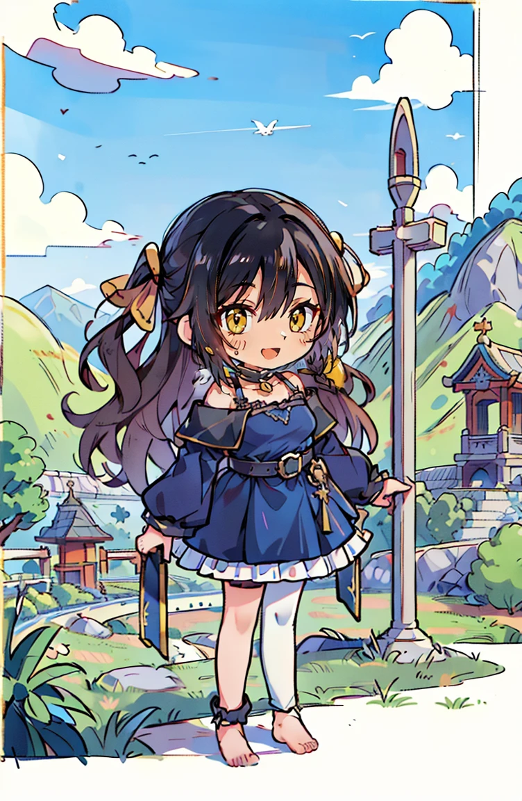 (masterpiece:1.2), (high quality:1.2), (hui xiyi:0.75), rekkyo sensen, rekkyou sensen, (full body, chibi girls:1.45), solo focus, girls with((black hair, tits cleavage, exposed breasts, breasts close up, dress, (blue clothes:1.3), ribbon belt, off-shoulder sleeves, long sleeves, furry jacket, frills shirt, frills camisole, straps, (rosary choker, golden rosary, cross:1.05), (barefoot, left legwear, white legwear:1.67), high heels, shoes, (long wavy hair, one side up:1.4))), background with ((architecture, blue sky, building, bush, castle, village, no humans, cloud, cloudy sky, day, fence, field, garden, grass, hill, house, lamppost, landscape, mountain, mountainous horizon, nature, no humans, outdoors, scenery, shrine, sky, tower)), cowboy shot, anime, anime style