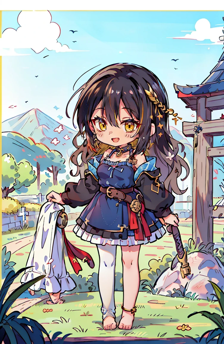 (masterpiece:1.2), (high quality:1.2), (hui xiyi:0.75), rekkyo sensen, rekkyou sensen, (full body, chibi girls:1.45), solo focus, girls with((black hair, tits cleavage, exposed breasts, breasts close up, dress, (blue clothes:1.3), ribbon belt, off-shoulder sleeves, long sleeves, furry jacket, frills shirt, frills camisole, straps, (rosary choker, golden rosary, cross:1.05), (barefoot, left legwear, white legwear:1.67), high heels, shoes, (long wavy hair, one side up:1.4))), background with ((architecture, blue sky, building, bush, castle, village, no humans, cloud, cloudy sky, day, fence, field, garden, grass, hill, house, lamppost, landscape, mountain, mountainous horizon, nature, no humans, outdoors, scenery, shrine, sky, tower)), cowboy shot, anime, anime style
