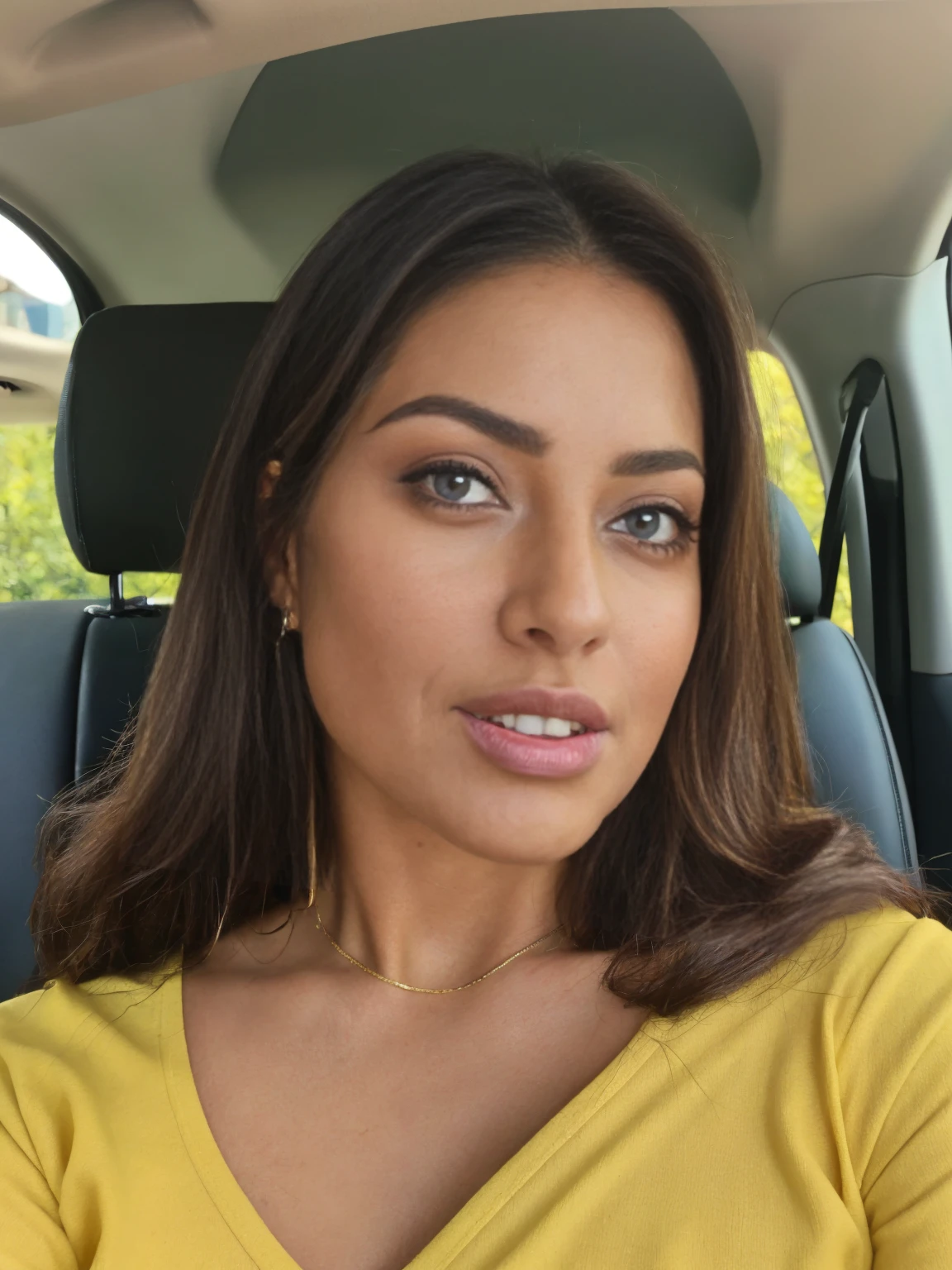 a close up of a woman in a car with a yellow shirt, violet myers, gorgeous latina face, busty, thick neck, thicc, angelawhite, beautiful mexican woman, gorgeous beautiful woman, attractive girl, lovely woman, portrait sophie mudd, tight outfit, gorgeous woman, jaw-dropping beauty, neatly coming out of her head, jaw dropping beautya brazil 22 year young woman posing for a picture, latina goddess, beauty, latina, beautiful goddess, latina super model, ((brown eyes)), beautiful, gorgeous woman, sweet shy latina, gorgeous beautiful woman,latina aesthetic, extremely detailed goddess shot, jaw-dropping beauty,((g-size breasts)) ,long hair, (huge breasts), ((4K perfect big eyes)) ((juicy lips)) ((she looking at camera)), ((smile face)), (beautiful face)
