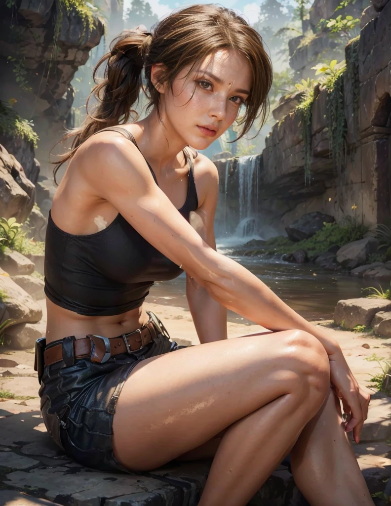 Lara Croft, brown eyes, (best quality, ultra-detailed), (realistic:1.37), beautiful and detailed face, ultra-realistic texture, delicate face, delicate body, red lipstick, bright colors. high definition, 8K,