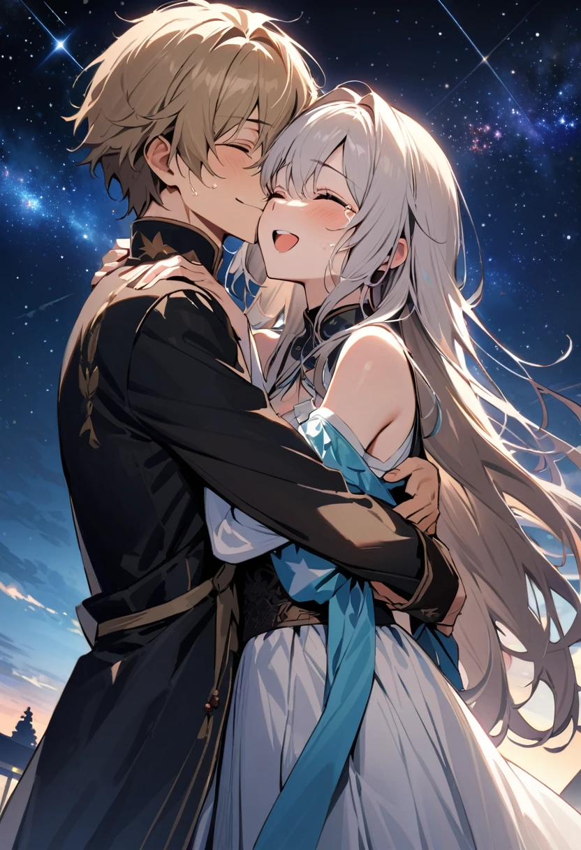 (masterpiece, best quality:1.1),handsome girl and boy hugging each other with joy at being reunited,happily cry,tears of joy, Stars and the Milky Way shine in the background, summer triangle star,creating a sense of the grandeur of the universe.wearing ancient chinese aristocratic clothing,