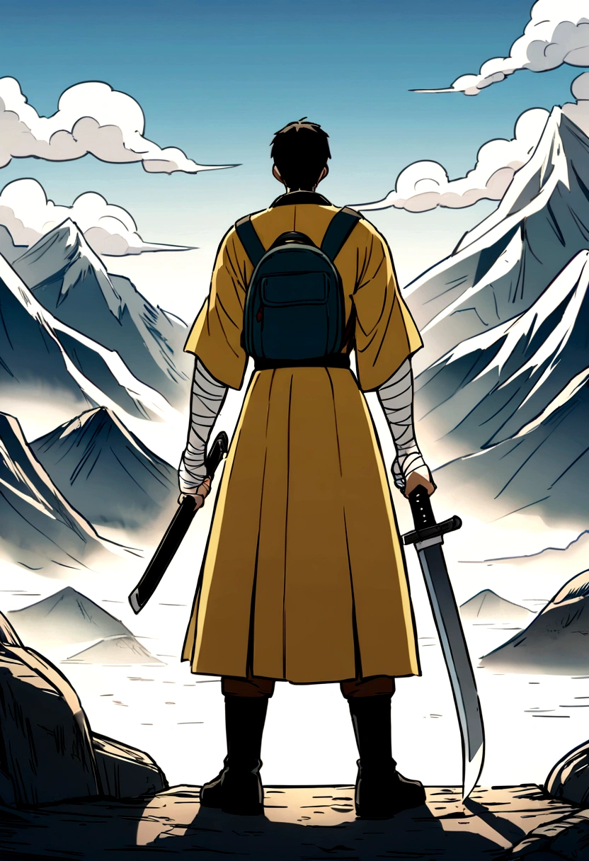 Create an image of a boy dressed in a yellow-colored taichi shuan fighter-style outfit, with black details, wear bandages on your wrists, blackquality hair, anime style creepy, dressed in Japanese style boots, he carries a machete sword and another wide rail that is attached to his leather backpack, contemplating the image of a small village in the background, a clear blue sky on a sunny day , on the horizon, imposing mountains with