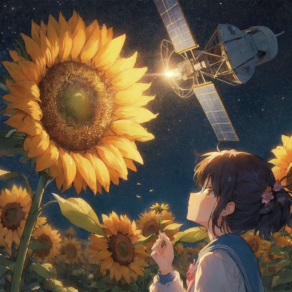 Anime girl admiring sunflowers in a field with the sky in the background,Holding flowers,Artificial satellites in the sky, 80s anime style,anime art wallpaper 4k, anime art wallpaper 4k, Anime Art Wallpapers 8K, Makoto Shinkai Cyril Rolland, anime wallpaper 4k, anime wallpaper 4k, 4K Manga Wallpapers, Anime Background, Anime Aesthetics, Anime atmosphere, Anime Style 4k
