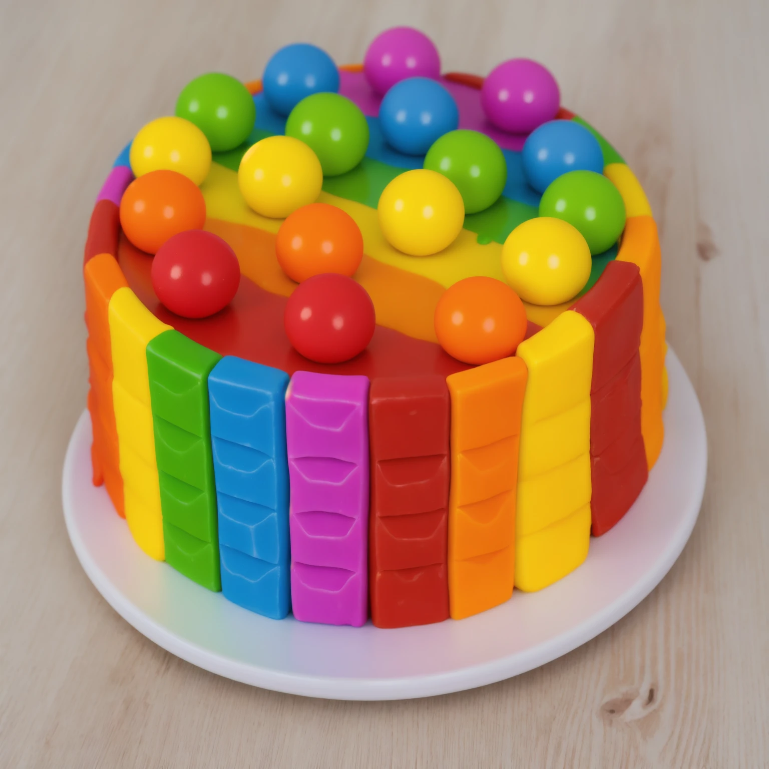 on a wooden table, cake on a white plate. rainbow chocolate bar cake, rainbow ganage on top, rainbow spheres made of polymer clay, Realistic style, realistic texture, detailed texture, bright lighting, Beautiful light from the window, high quality, A high resolution, macro photography, ultra hd 4k, Beautiful sunlight