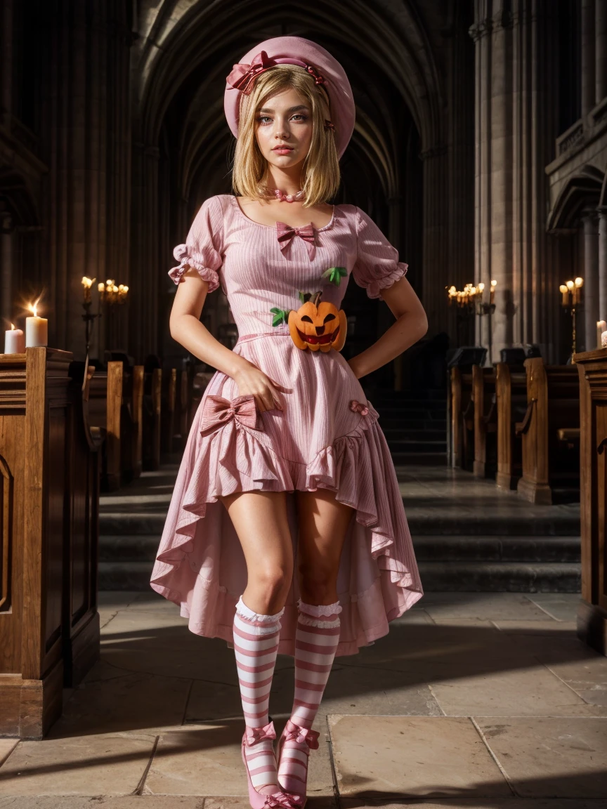 (1 lady), The beautiful, (Best quality at best:1.4), (ultra - detailed), (extremely detailed CG unified 16k), gold blonde hair, very detailed, High-definition RAW color photo, professional photoshooting, amazing face and eyes, cosmetics, (amazingly beautiful girl), ((lambdadelta, tall woman, taller)), ((dress, shoes bow, red shoes, striped stockings, red bow, pink hat, necklace, gloves, pearl, pumpkin brooch, pink dress)), standing, sexyposture,(Dark and stylish cathedral, stained glass, altar, before the altar, candle lights, candle lights:1.3), (look from down), realistic cinematic face, head to feet long wide zoomed out view, full body long view, photorealistic, ((realistic natural blonde hair style, honey eyes)), gorgeous, extremely beautiful face, perfect model beauty, pout mouth, flirting smile, cleavages, city girl, western, shopping in the city, (masterpiece), best quality, high resolution, extremely detailed, blurred background, depth of field, cinematic lighting, (amazing legs, strong legs, athletic legs), high heels, clear and well-cared skin