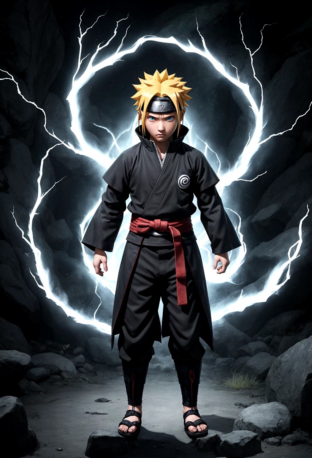 a full-body photo shot of a majestic, little Naruto ( 5 years old), superangry, releasing body energy, a dark style with Japanese cultural elements. The image should feature reflective lighting that highlights Naruto's gorgeous, highly detailed eyes as he looks directly at the viewer. The composition should be perfect, with sharp 8K focus capturing every intricate detail. Depict Naruto in an angry state, standing alone in the village background. Surround him with an aura and visible energy emanating from his body, enhancing the sense of power and intensity in the scene